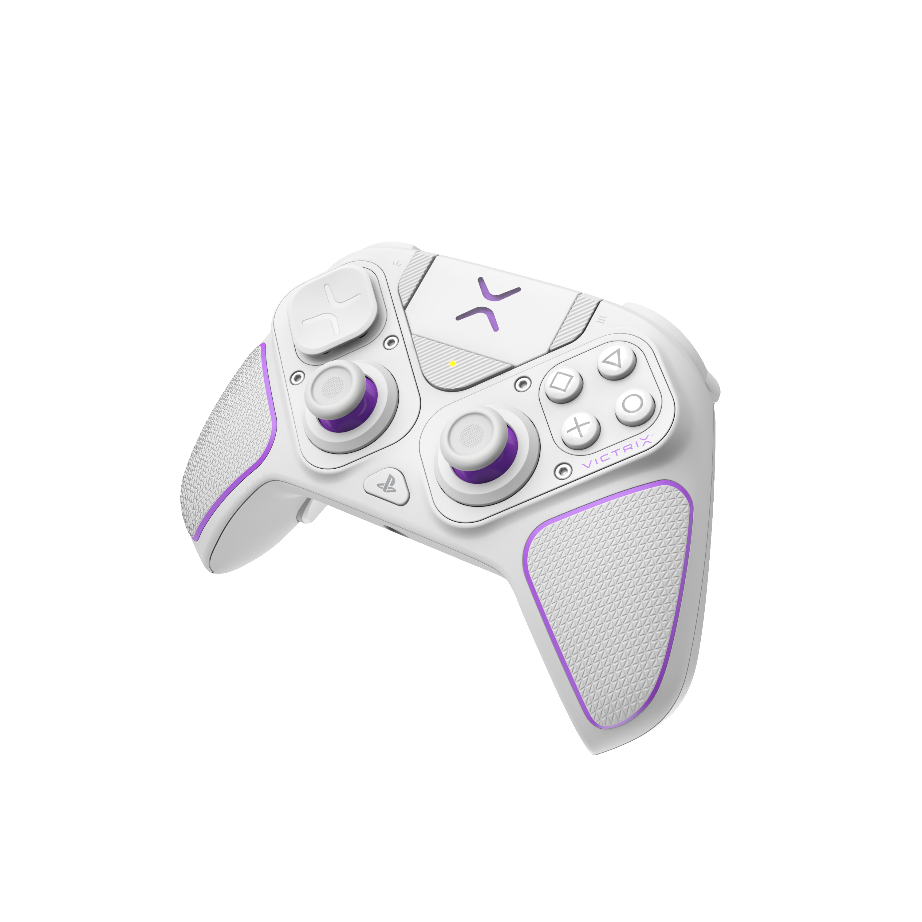 Ein weißer und lila Gamecontroller wird vor schwarzem Hintergrund gezeigt.