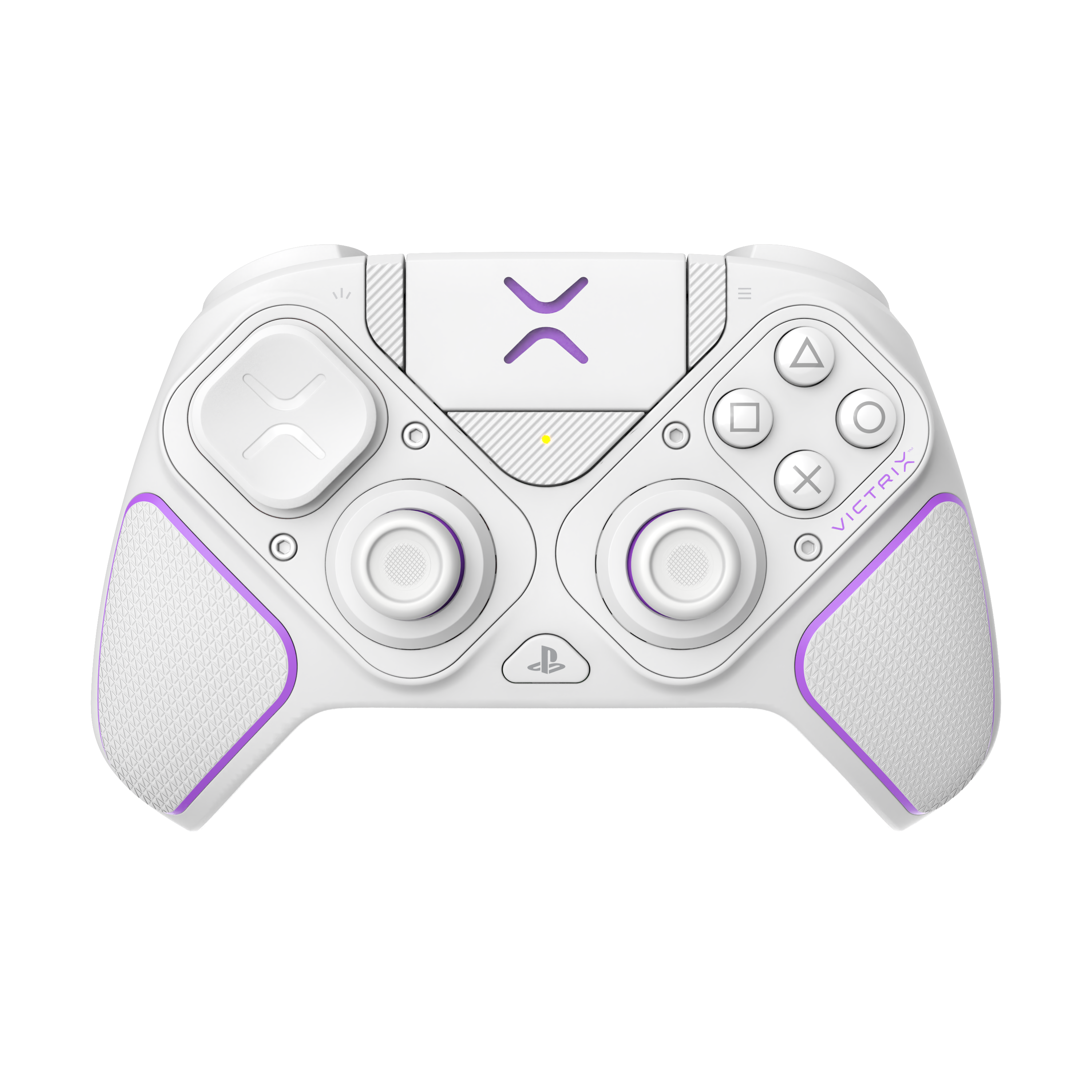Weißer Victrix-Controller mit lila Akzenten, ein Gaming-Controller.