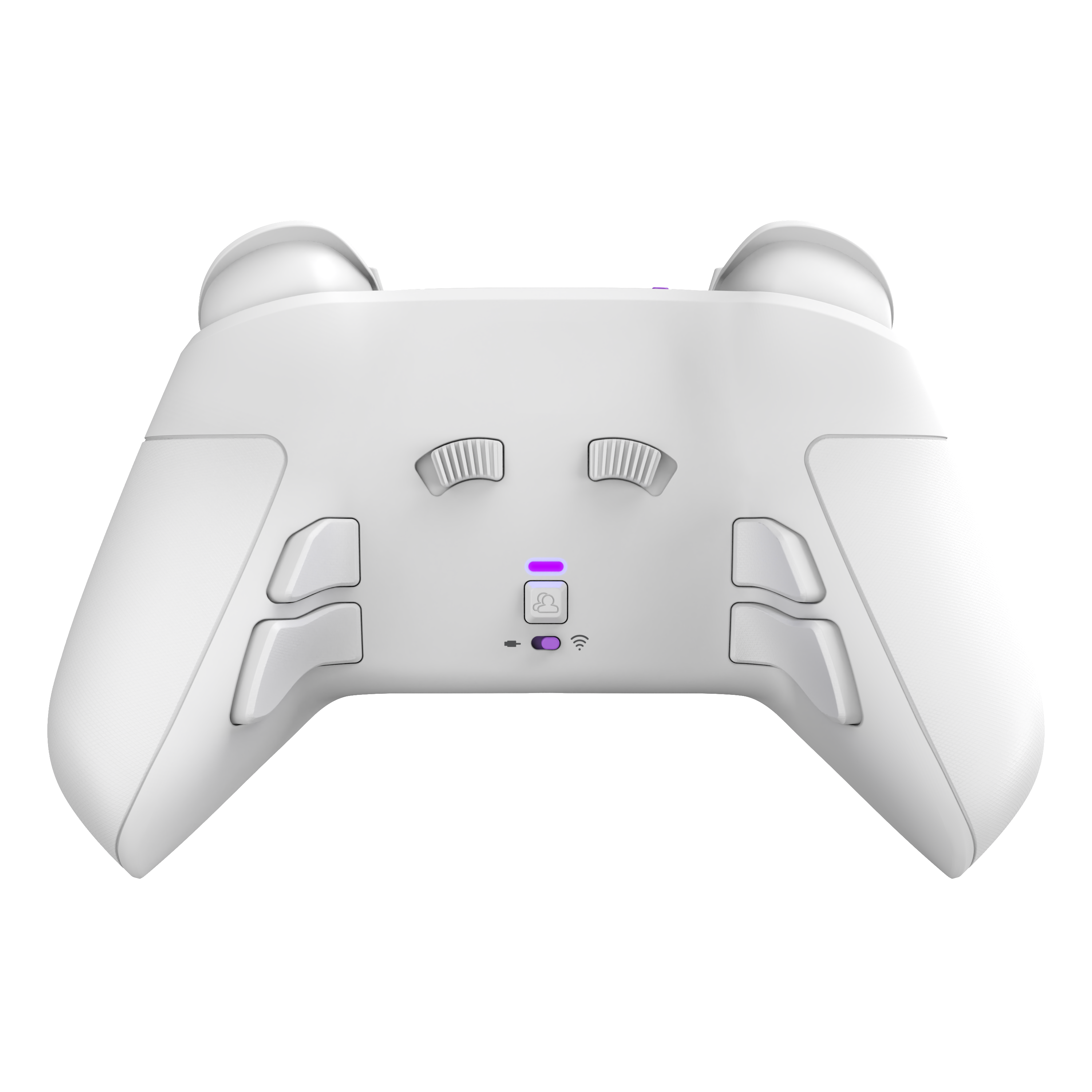 Weißes Gamepad mit Knöpfen, Triggern und zwei Joysticks. Lila Licht auf der Vorderseite.