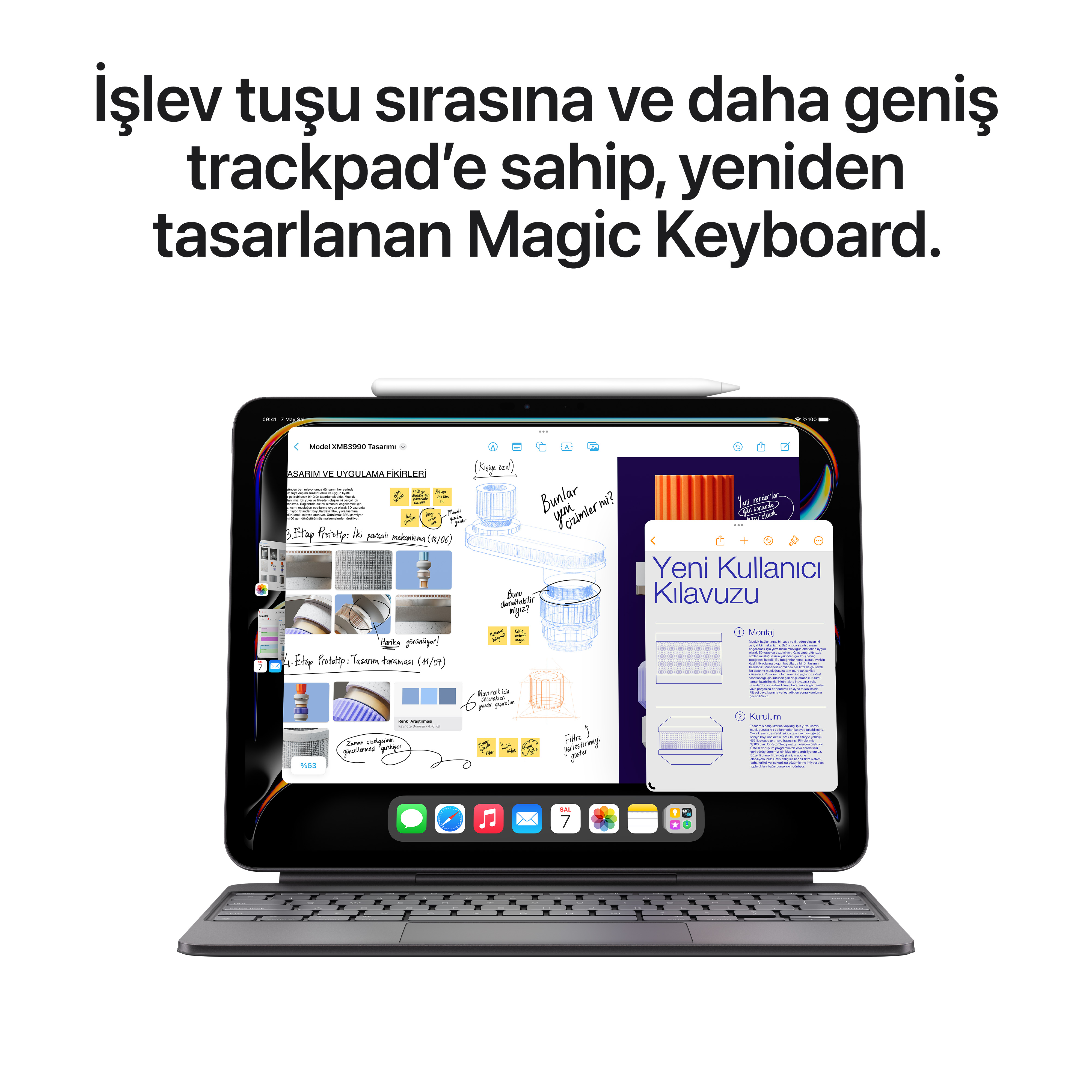 iPad, Magic Keyboard ile uygulamaları ve bir kalem gösteriyor. Klavye takılı.