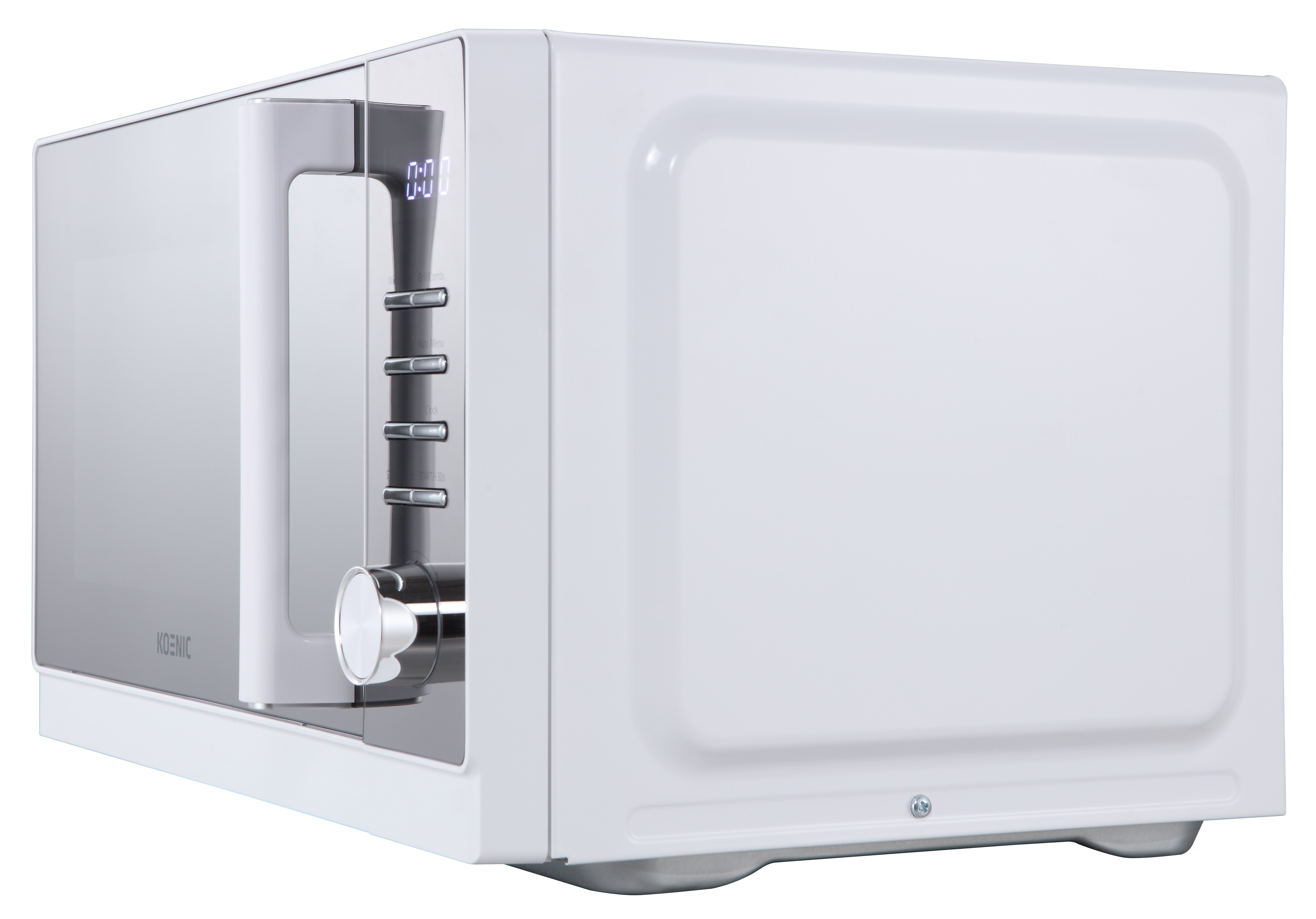 Biała kuchenka mikrofalowa z uchwytem i wyświetlaczem cyfrowym.