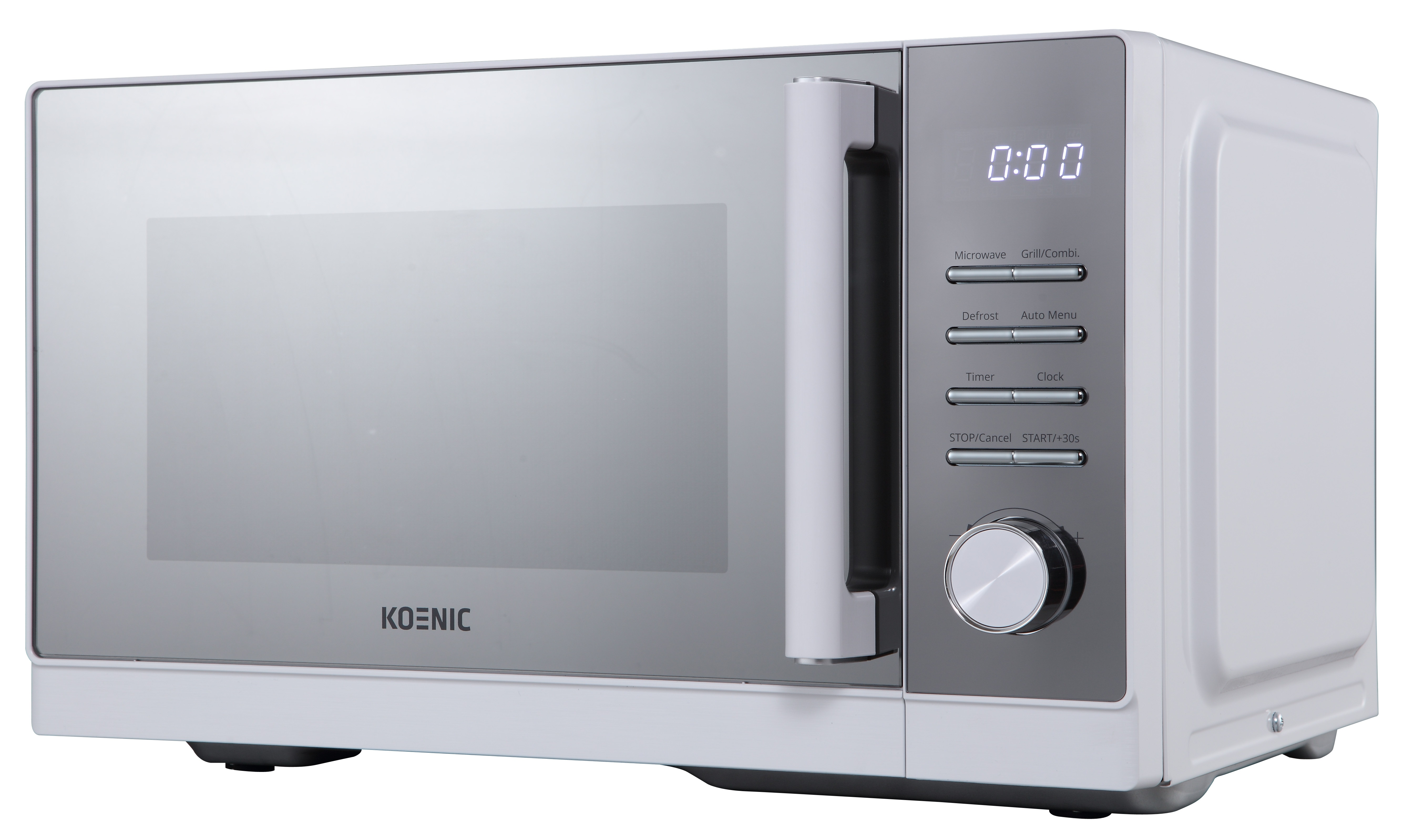 Biała kuchenka mikrofalowa Koenic z cyfrowym wyświetlaczem pokazującym czas i przyciski sterowania.