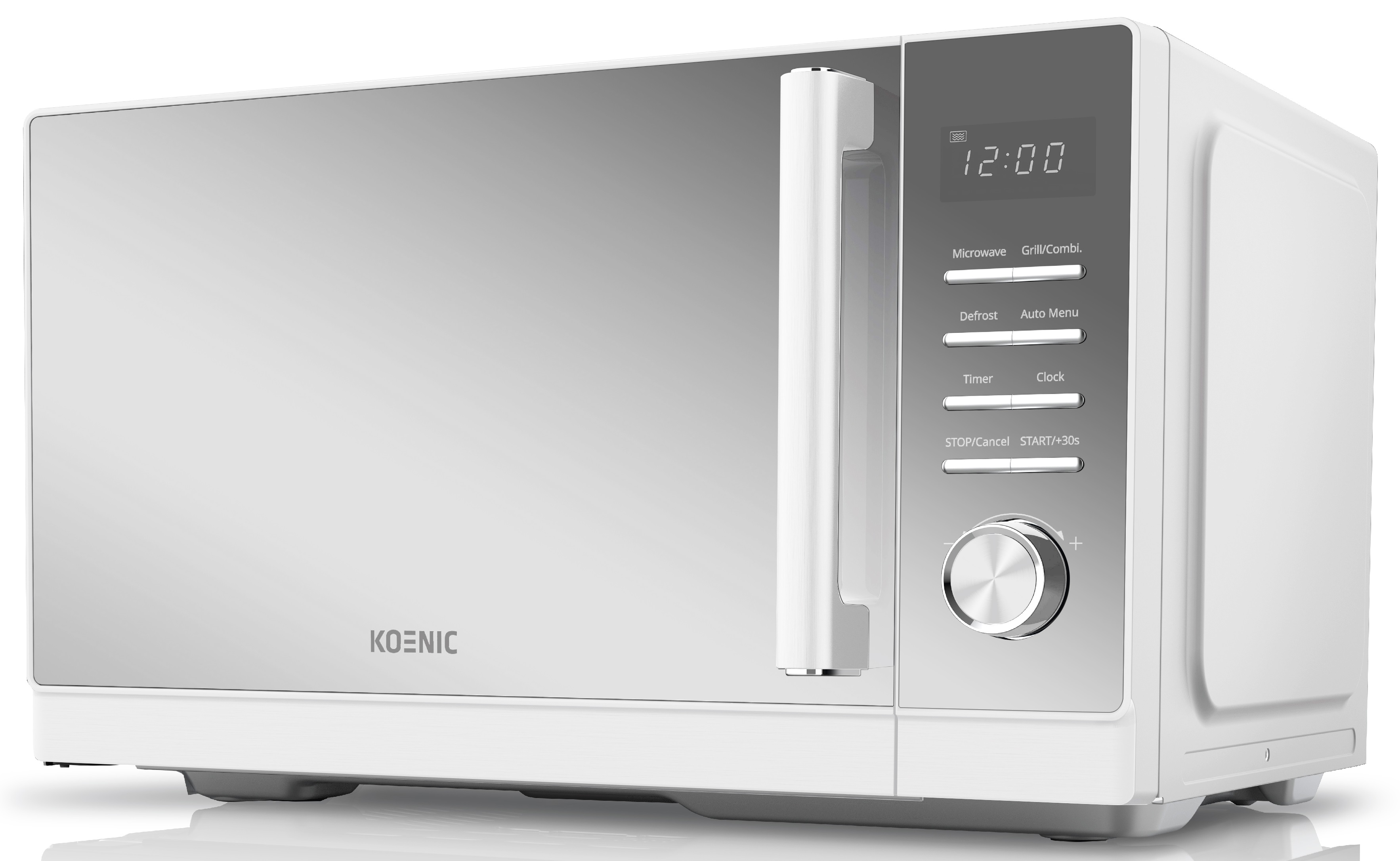 Biała kuchenka mikrofalowa z cyfrowym wyświetlaczem pokazującym 12:00 i panelem sterowania, na białej powierzchni.