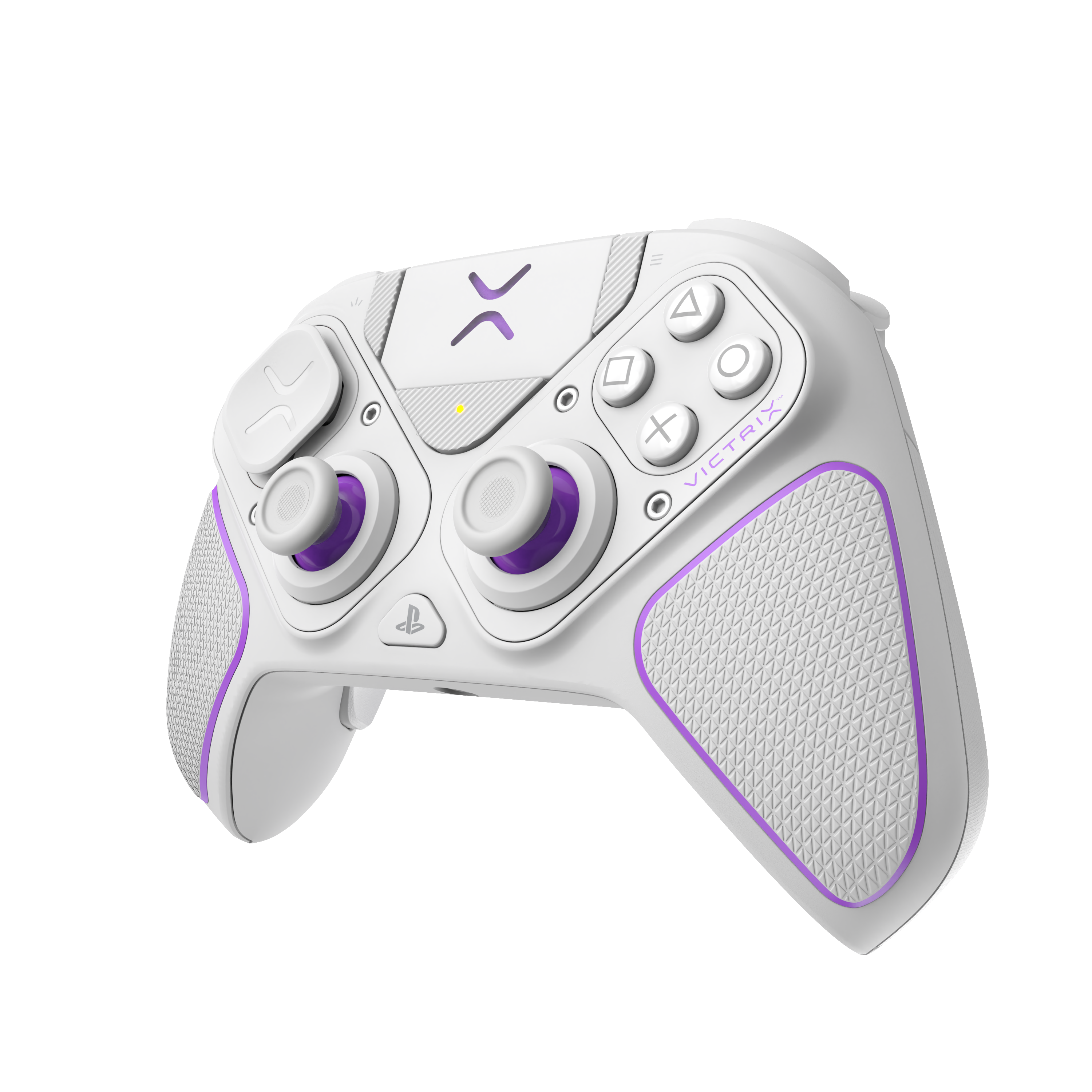 Weißes und lila Gamepad mit Tasten und Joysticks.