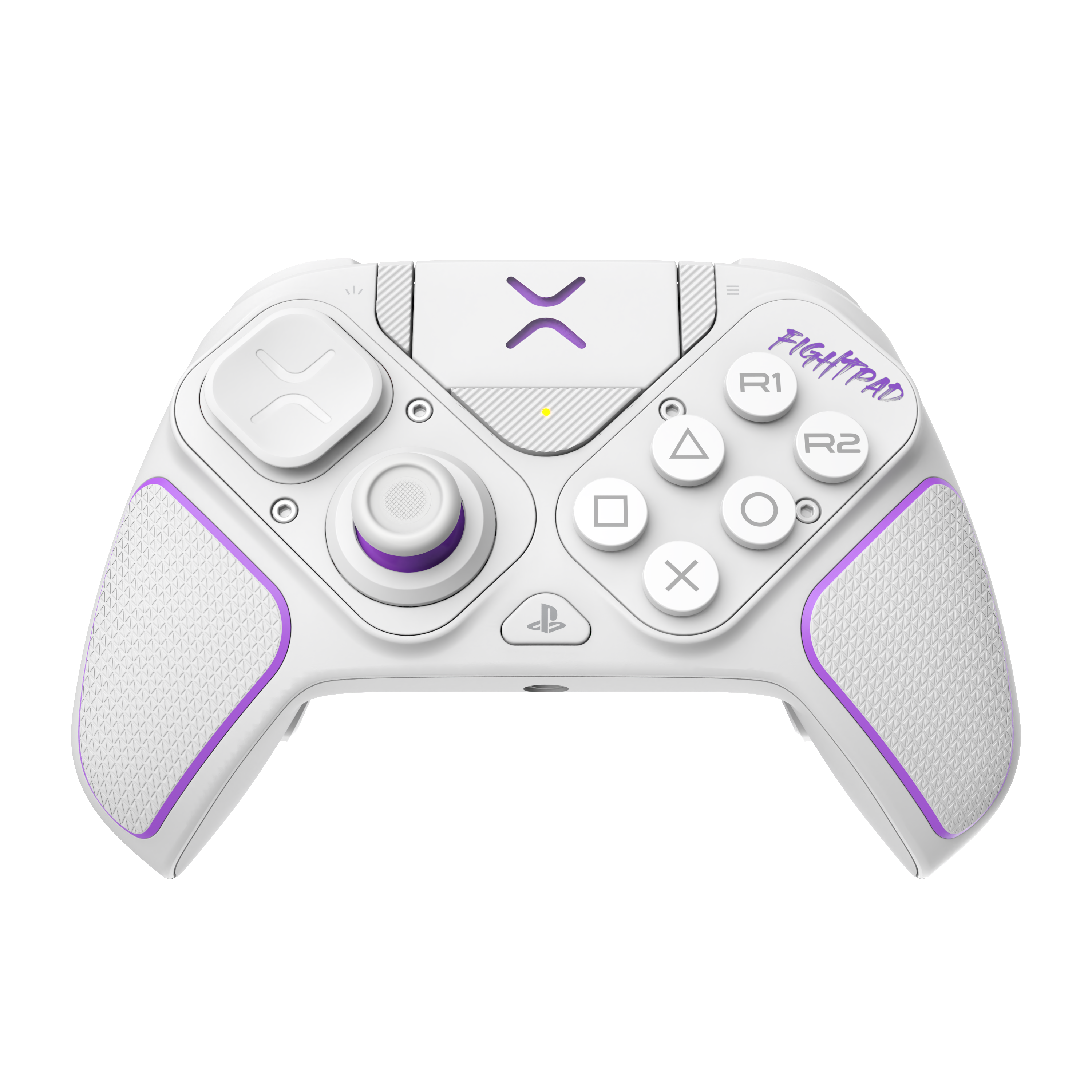 Weißer FightPad-Controller mit lila Akzenten und Knöpfen.