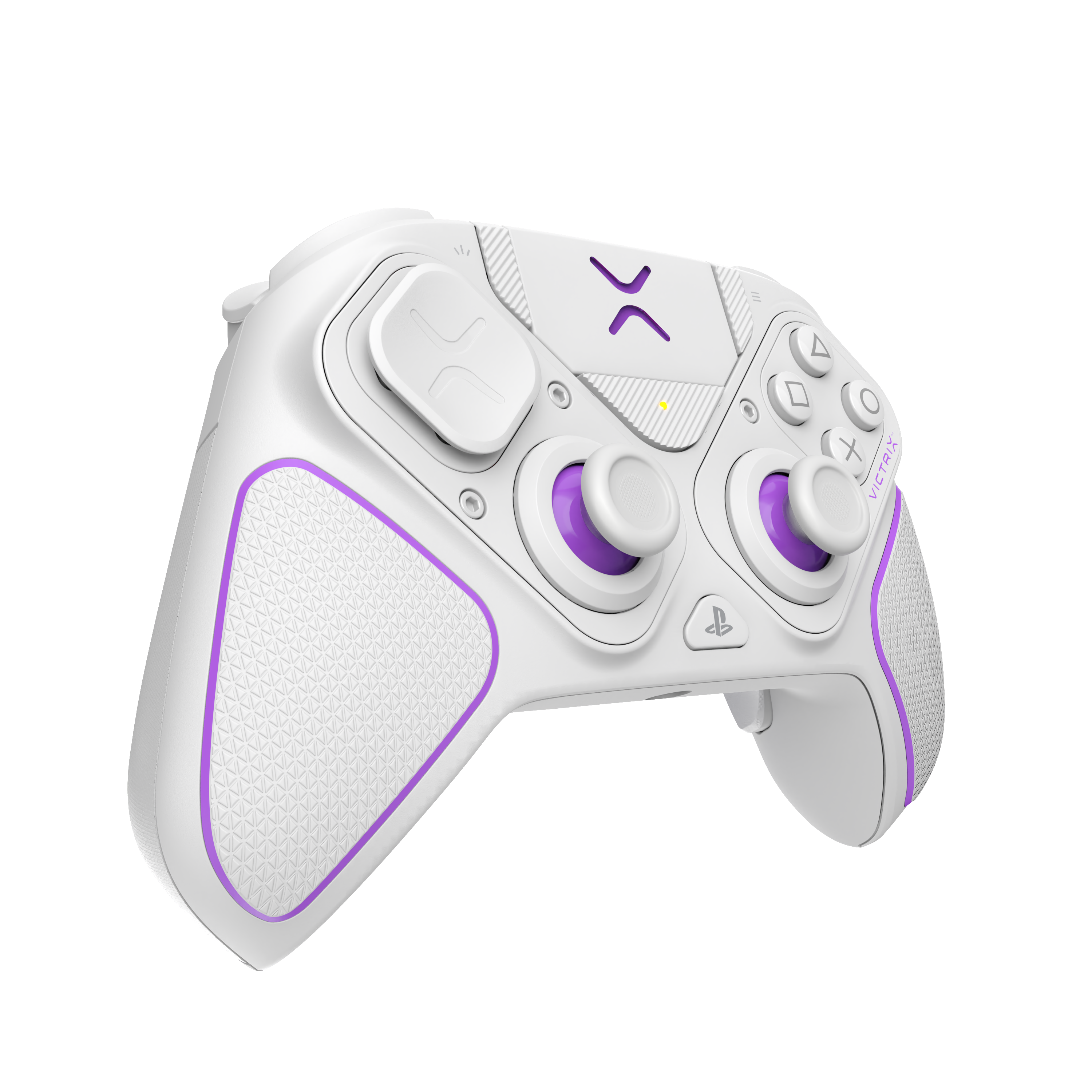 Ein weißer Gamecontroller mit lila Akzenten, Knöpfen und Sticks.