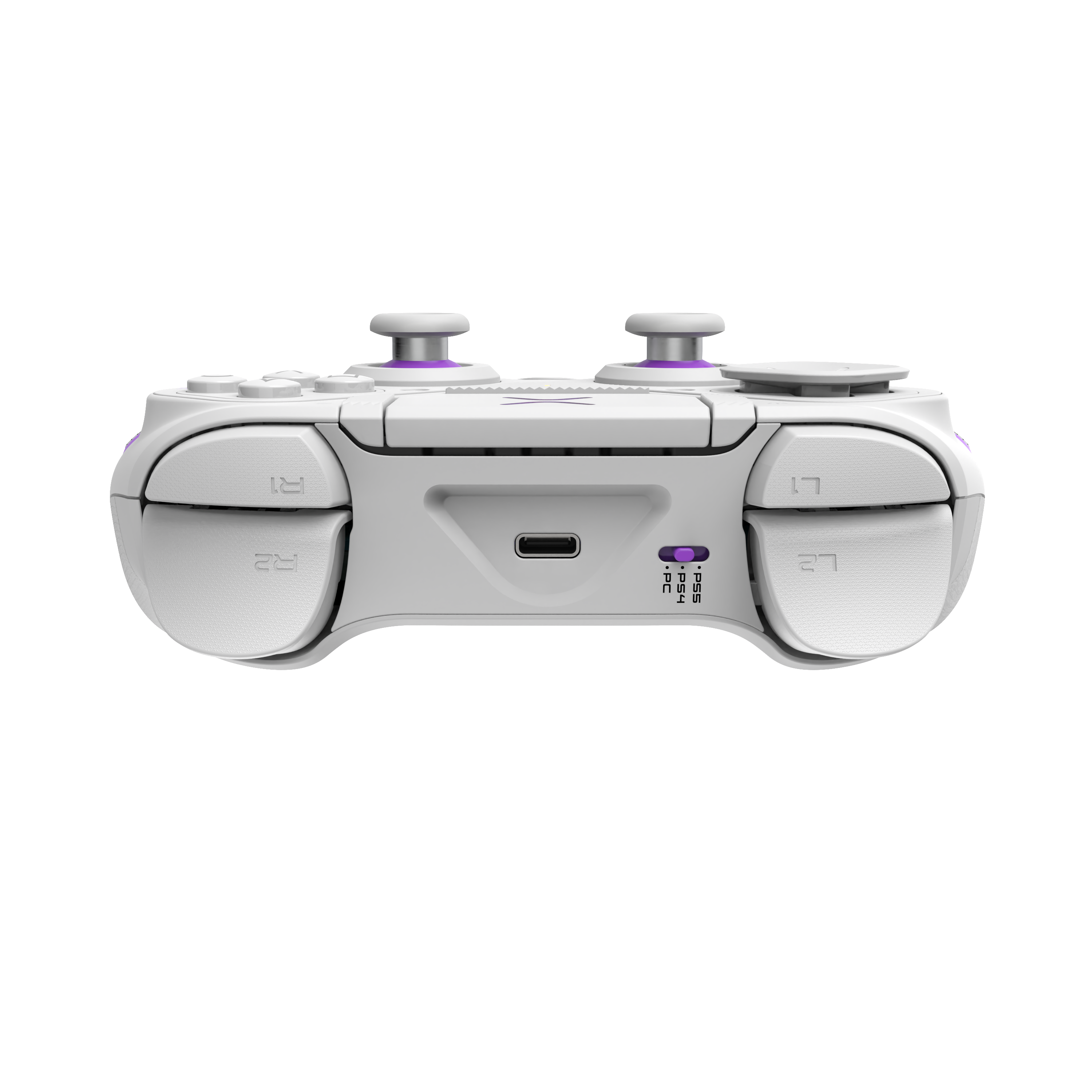 Weiß-violetter Gaming-Controller mit Knöpfen und Joysticks, vor dunklem Hintergrund.