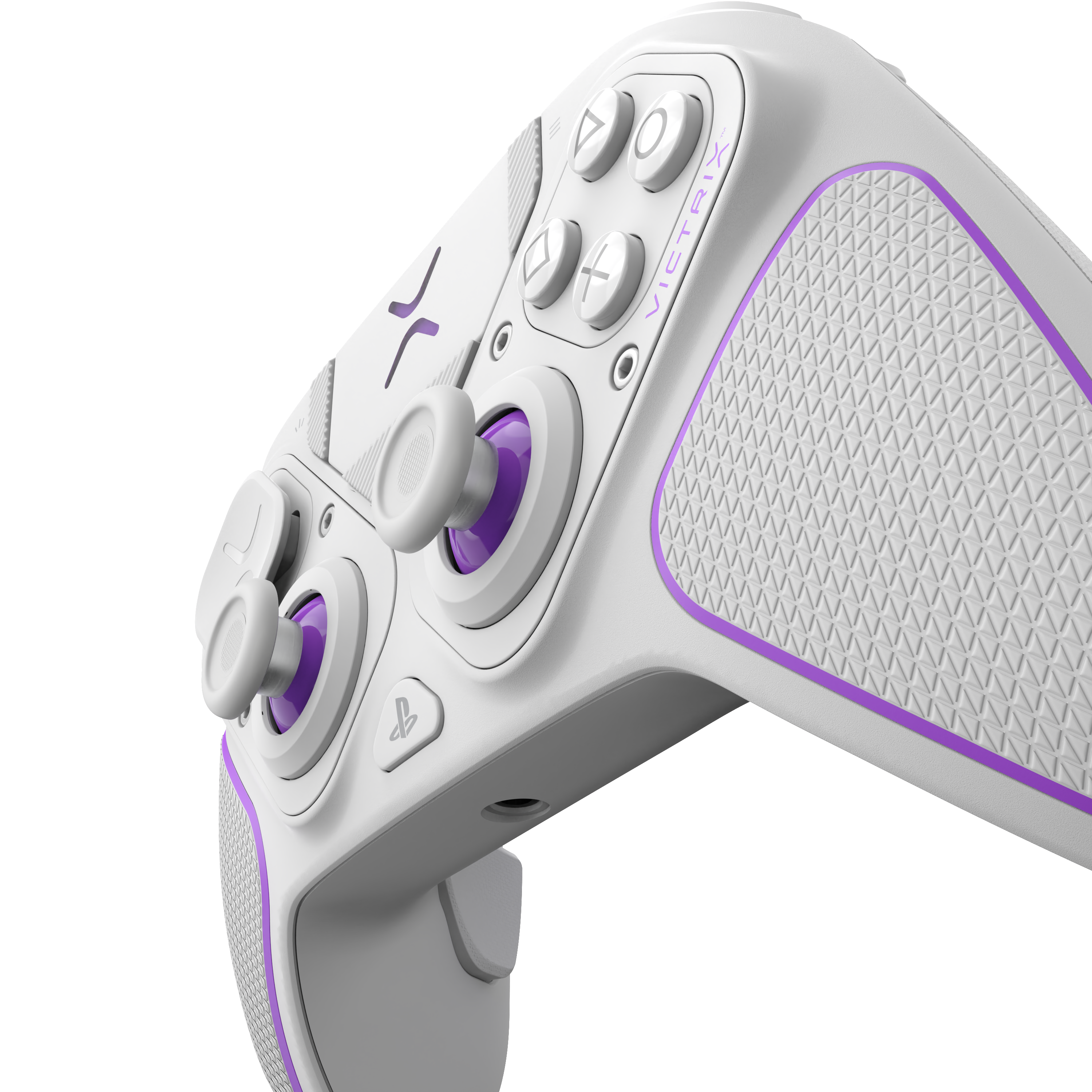 Ein weiß-violetter Gaming-Controller. Der Controller hat Knöpfe, Joysticks und ein Logo.