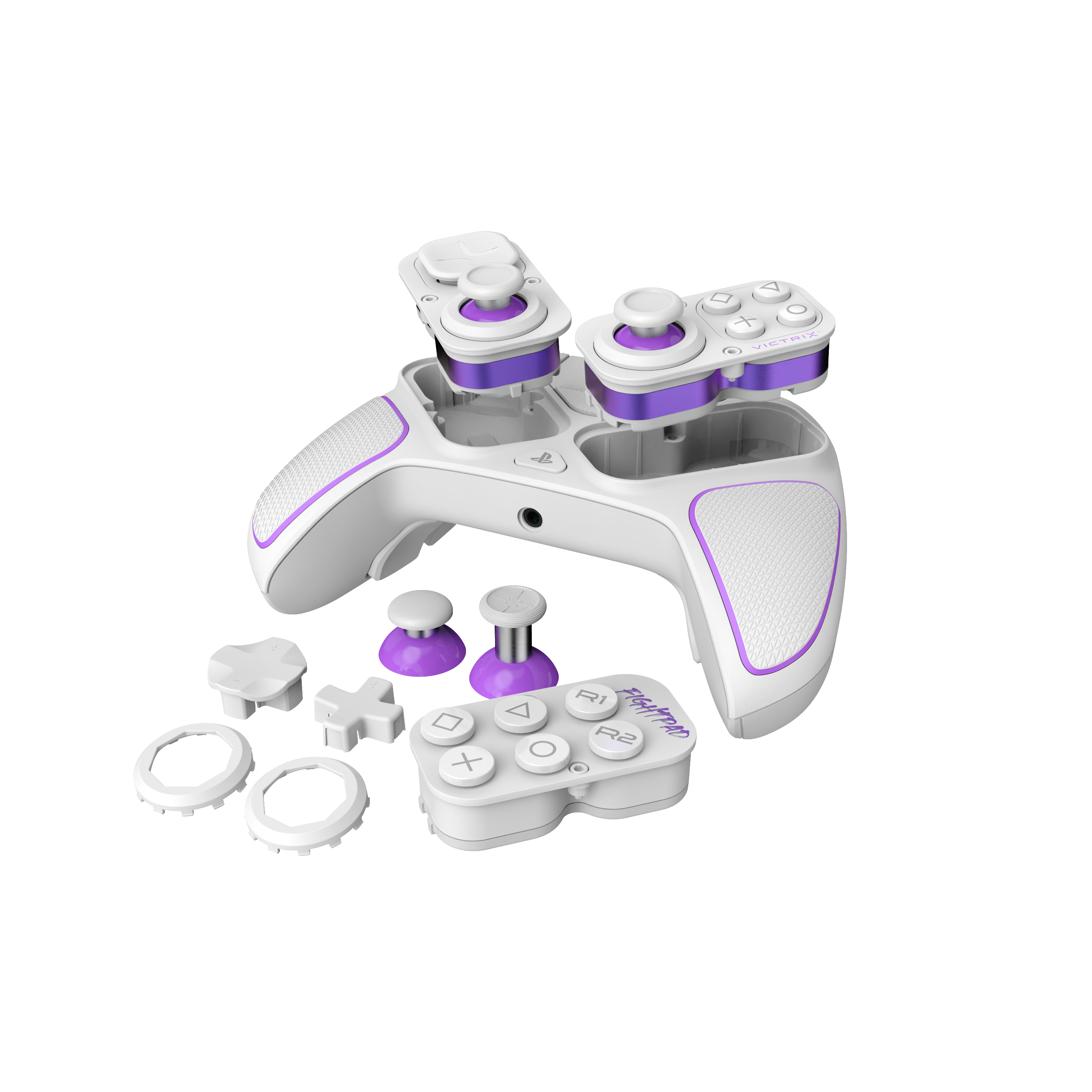 Weiß-lila Gaming-Controller zerlegt mit Teilen: Knöpfe, Joysticks und mehr.