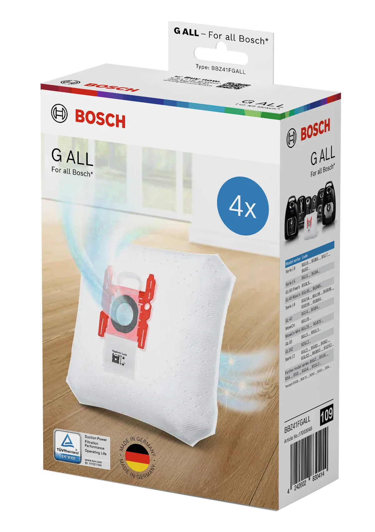 Opakowanie worka do odkurzacza Bosch, niebieski wykres przepływu powietrza i logo Bosch.