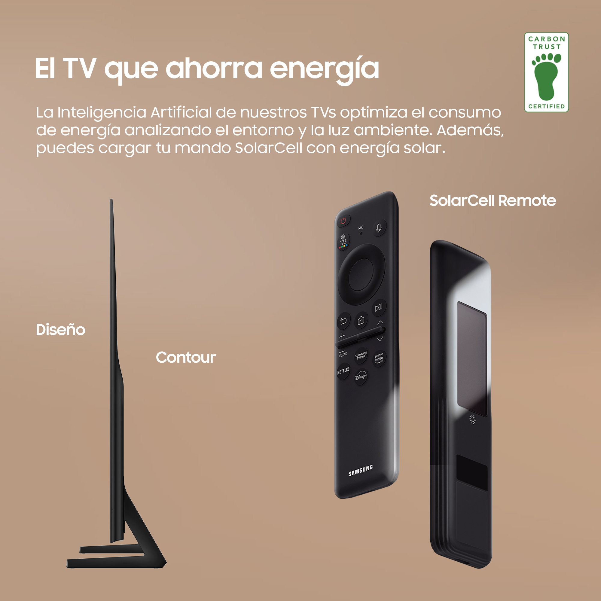 TV negro con mando SolarCell. El TV tiene un diseño delgado y contorno negro.