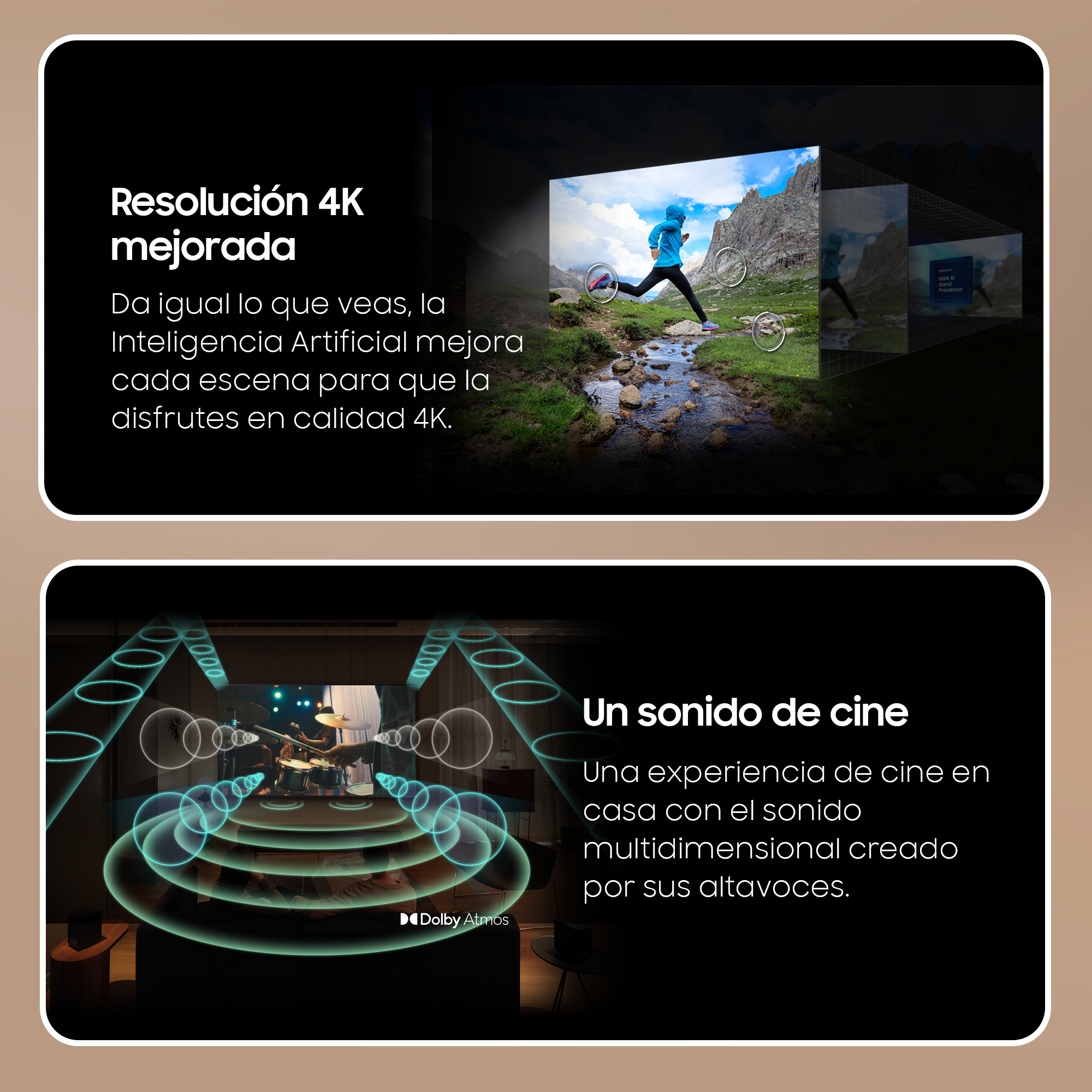 Texto español sobre la resolución 4K mejorada y el sonido de cine.