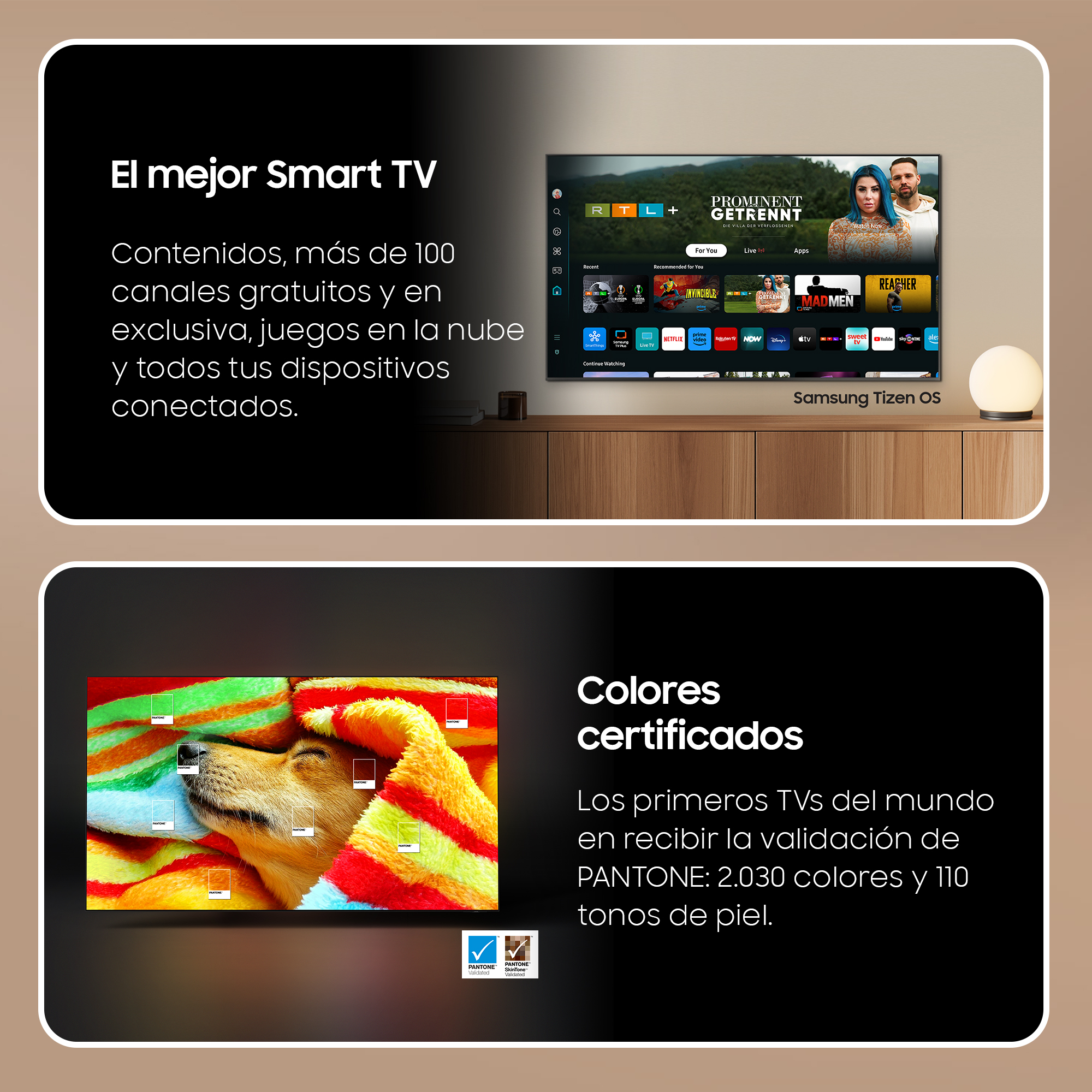 Anuncio de Smart TV con un televisor mostrando contenido. Incluye detalles de certificación de color.