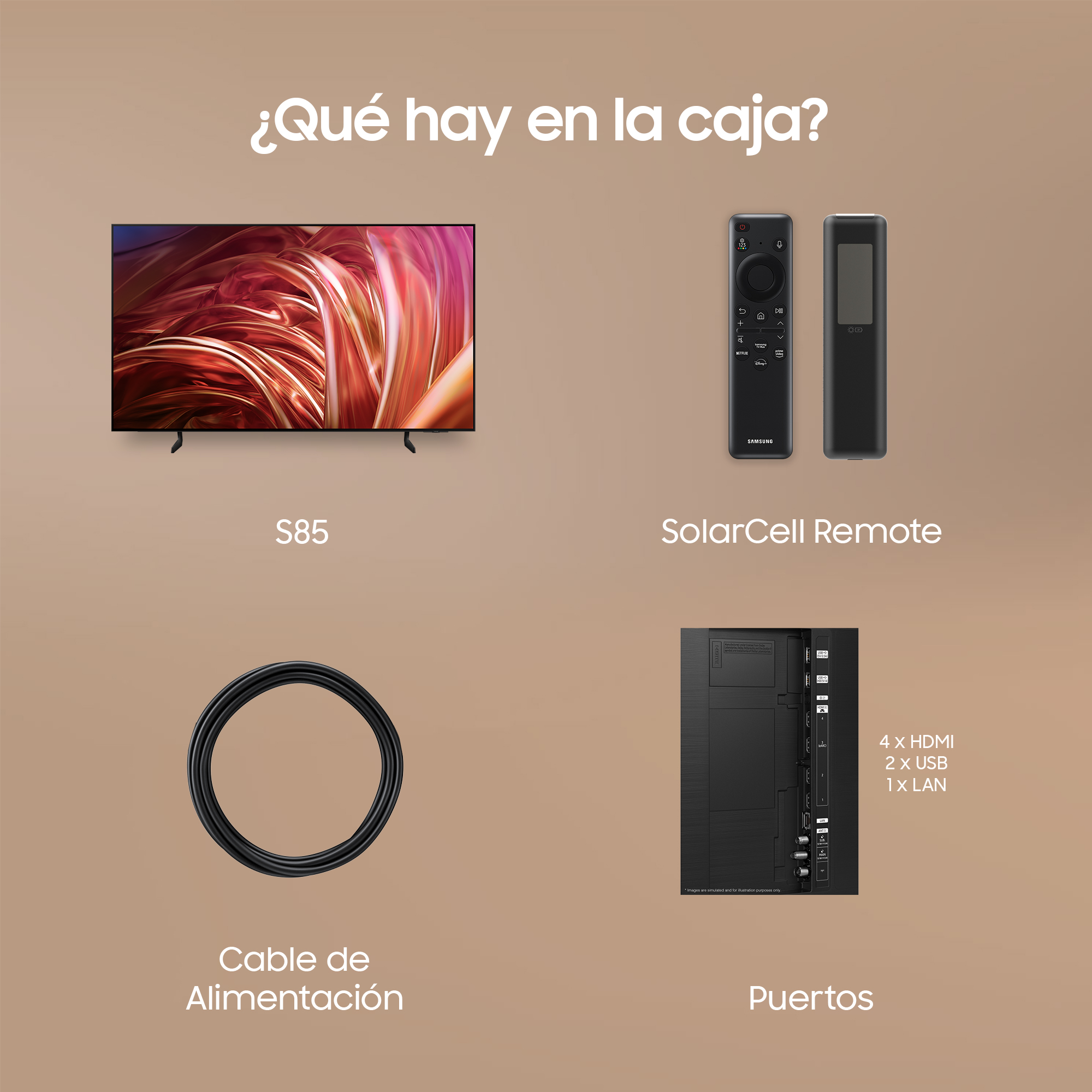 Una imagen que muestra un televisor, dos mandos a distancia, un cable de alimentación y puertos con etiquetas en español.