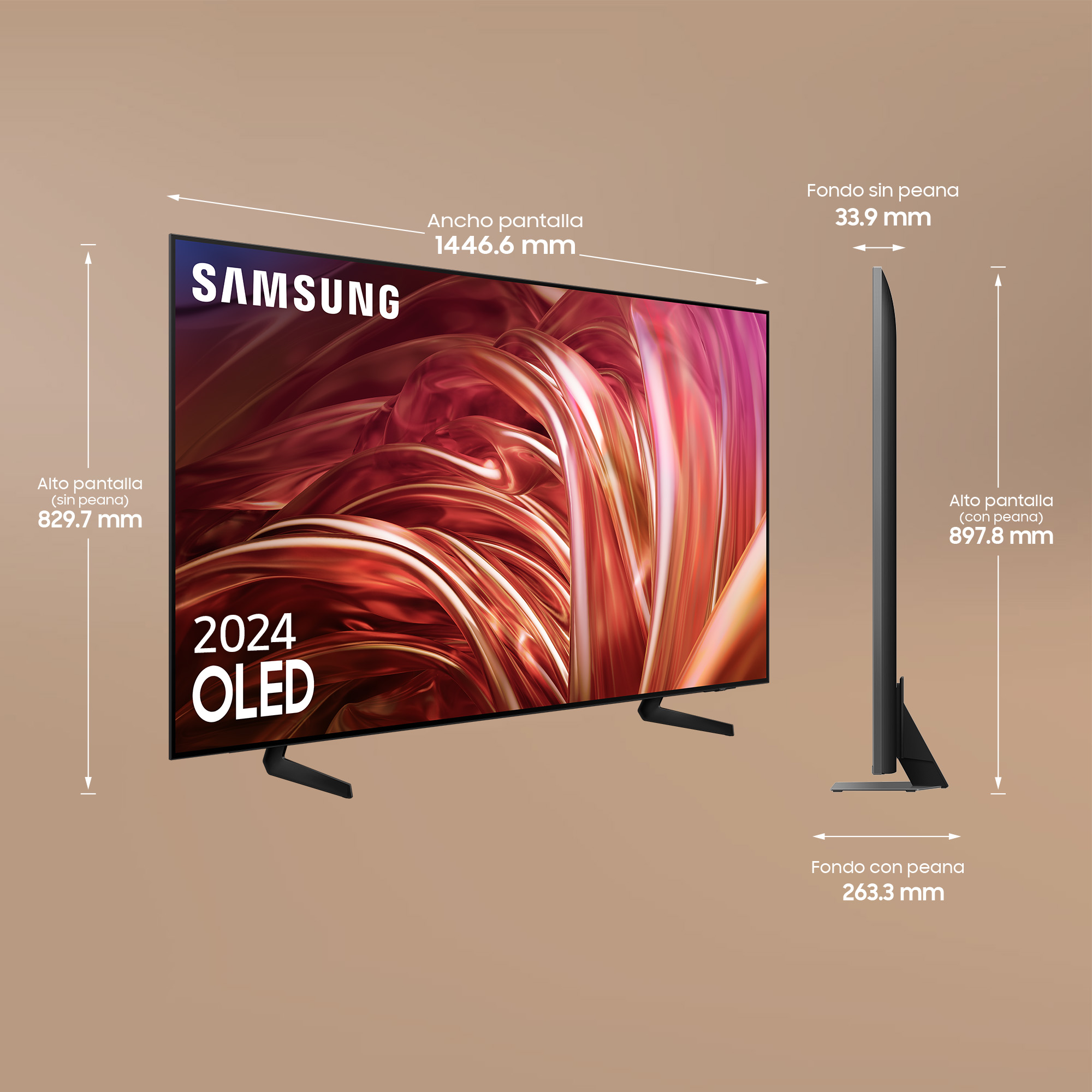 Un televisor Samsung OLED, que muestra las dimensiones, con un tamaño de 33,9 mm y 897,8 mm de altura.