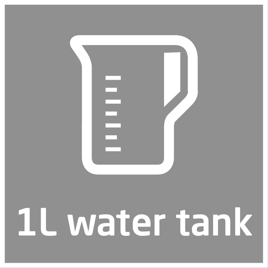 Ein Symbol für einen Messbecher mit dem Text 1L Wassertank darunter.