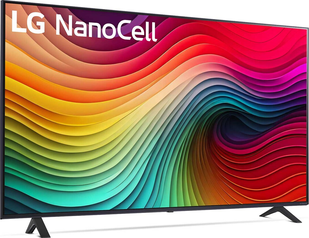 LG NanoCell TV mit farbenfrohem, wellenförmigem Muster auf schwarzem Ständer.