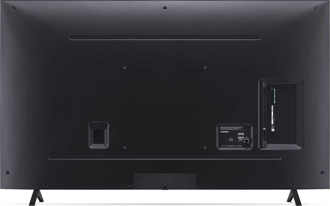 Die Rückseite eines schwarzen Fernsehers mit verschiedenen Anschlüssen, einschließlich HDMI und USB. Text: LG NanoCell.