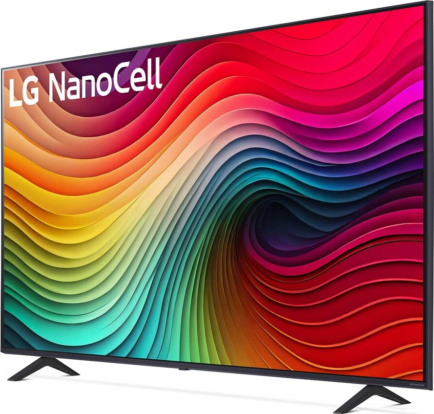 LG NanoCell TV mit buntem, abstraktem Hintergrund. Schwarzer Rahmen und Ständer, schräge Ansicht.