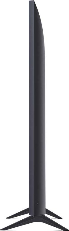 Ein schlanker, dunkel gefärbter Fernseher steht aufrecht auf seinem Ständer. Der Bildschirm ist leer.