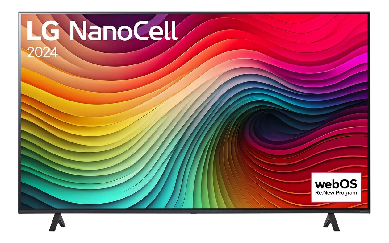 Ein LG NanoCell-Fernseher, der ein buntes abstraktes Muster anzeigt. Der Fernseher hat schwarze Beine.