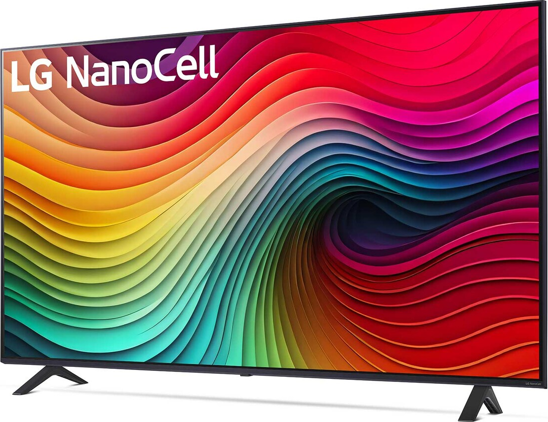 Großer LG NanoCell Fernseher mit farbenfrohem Muster. Der Fernseher steht auf einem Ständer.