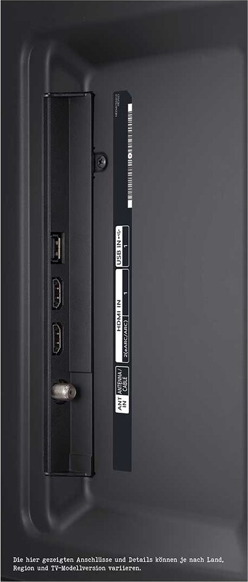 Rückseite eines Fernsehers mit Anschlüssen. HDMI, USB, Antenne und andere Anschlüsse sichtbar.