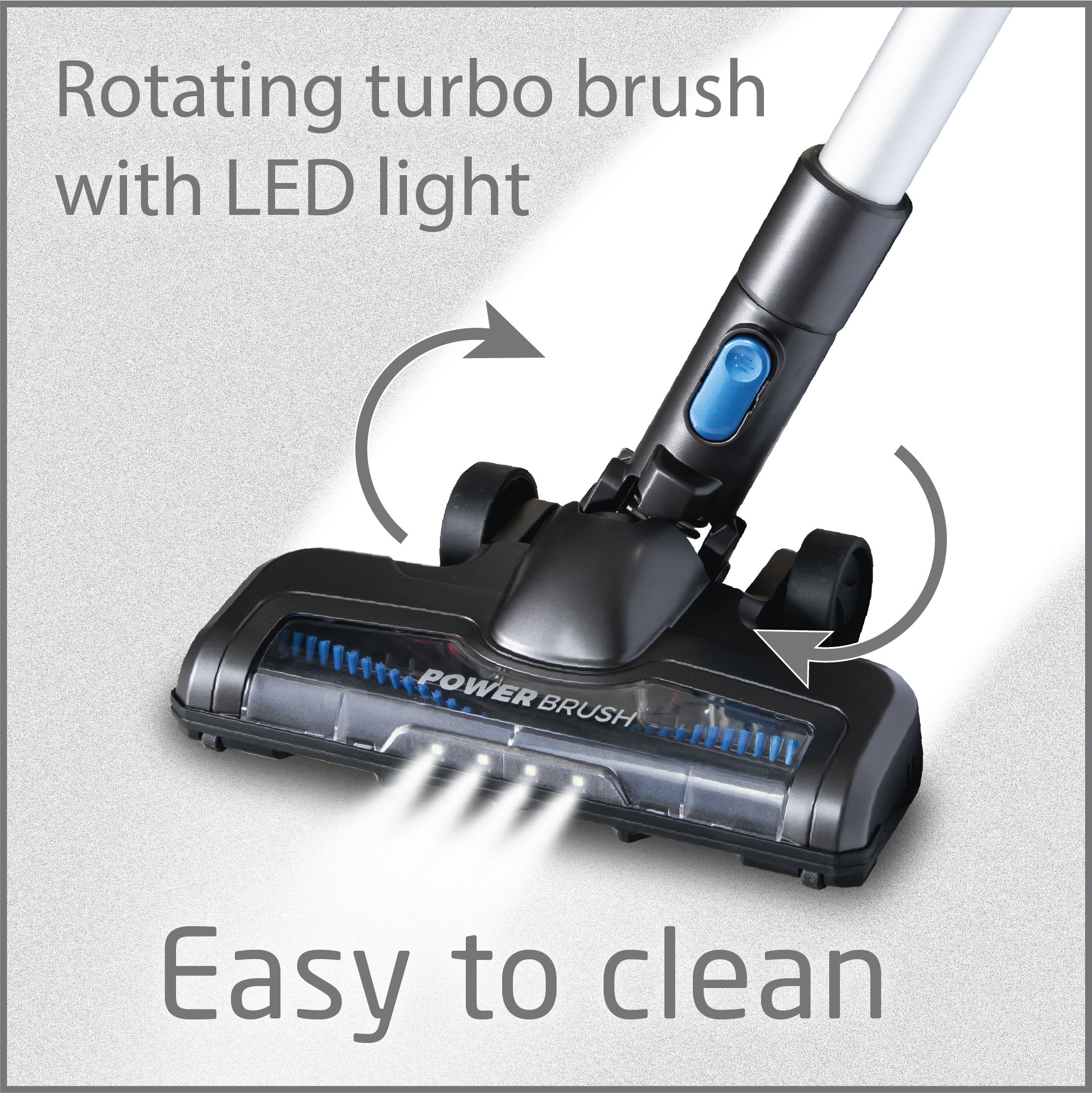 Schwarzer Staubsaugerkopf mit LED-Leuchten. Text: Rotierende Turbobürste mit LED-Licht und leicht zu reinigen.