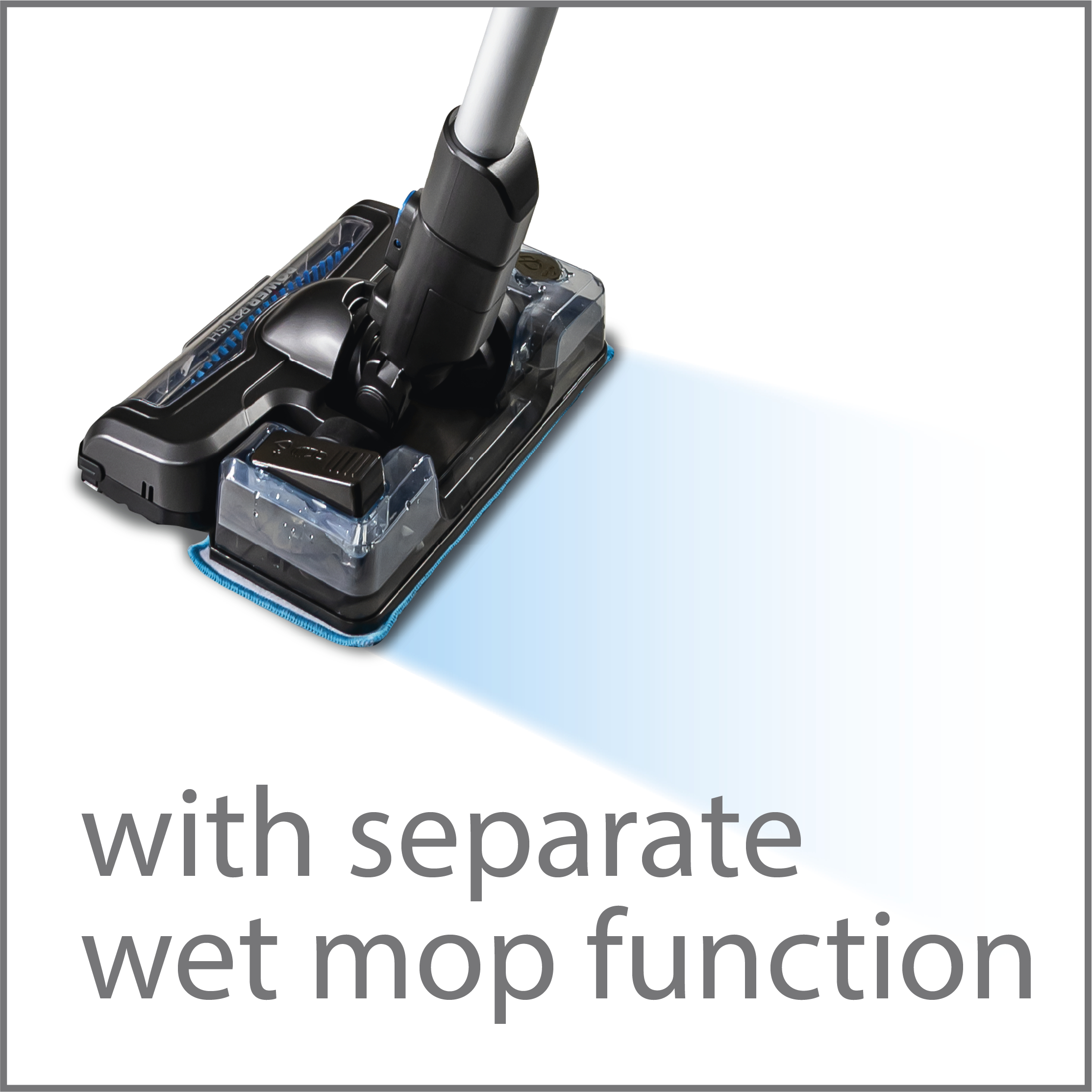 Ein schwarz-blauer Bodenreiniger mit Text: separate Nasswischfunktion.