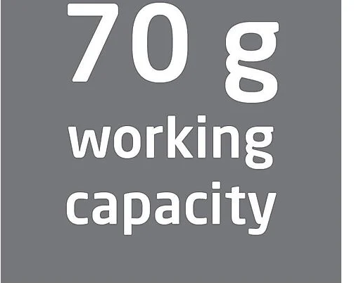 Egy grafika, melyen a '70 g working capacity' felirat fehér szöveggel, szürke háttéren.