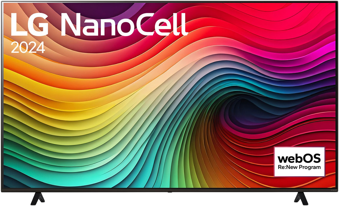Nagy LG NanoCell TV képernyő, élénk, színes, hullámos mintával. A TV fehér háttéren van.