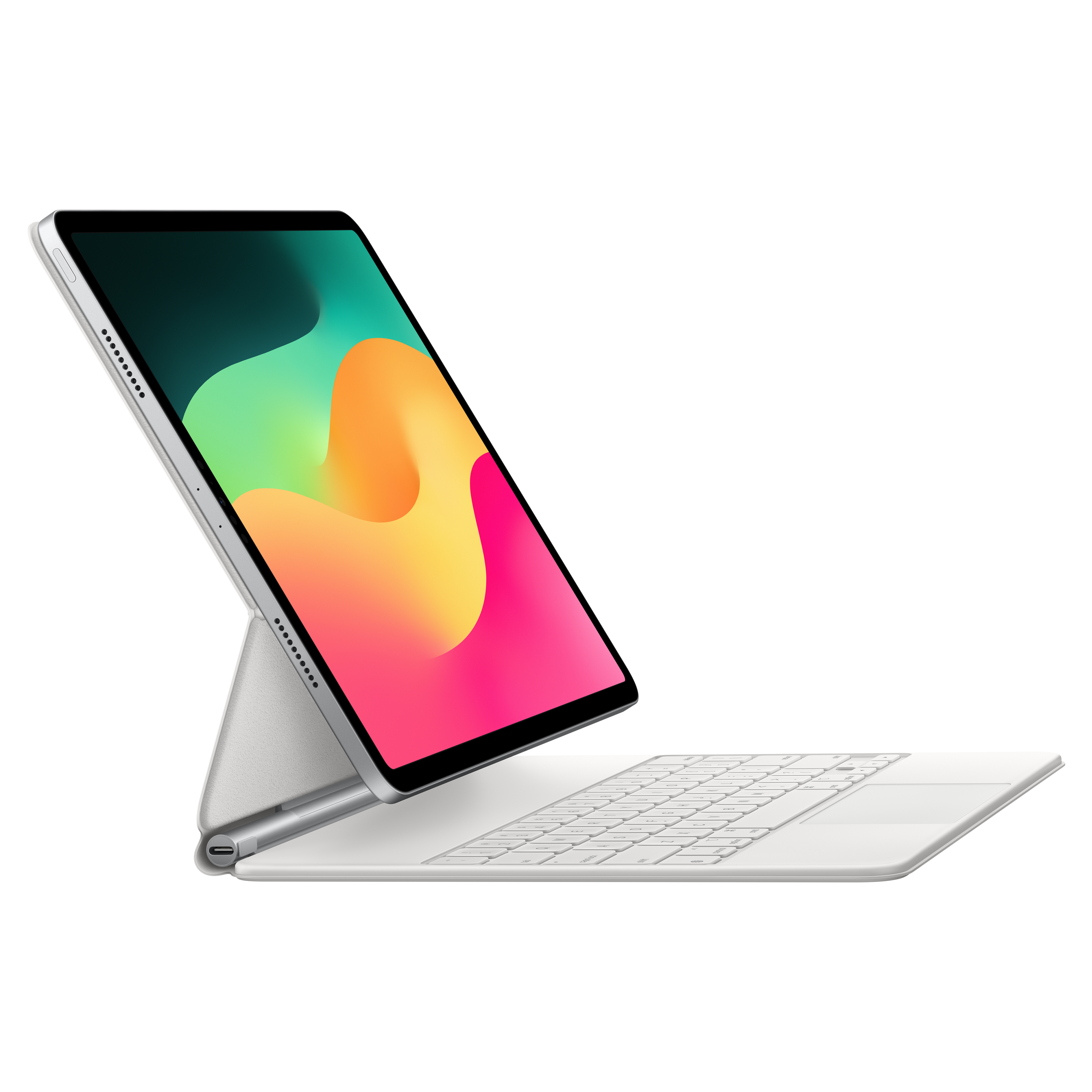 Une tablette blanche ouverte avec un étui clavier. L'écran affiche une image colorée.