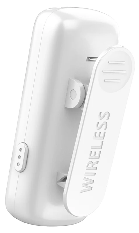 Fehér vezeték nélküli eszköz klipsszel. A WIRELESS szó a klipszen van nyomtatva.