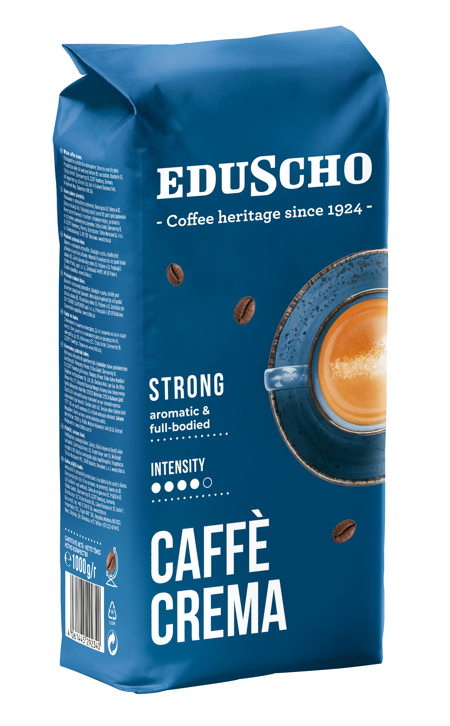 Niebieska torba z kawą z logo EDUSCHO i napisem „CAFFÈ CREMA”.