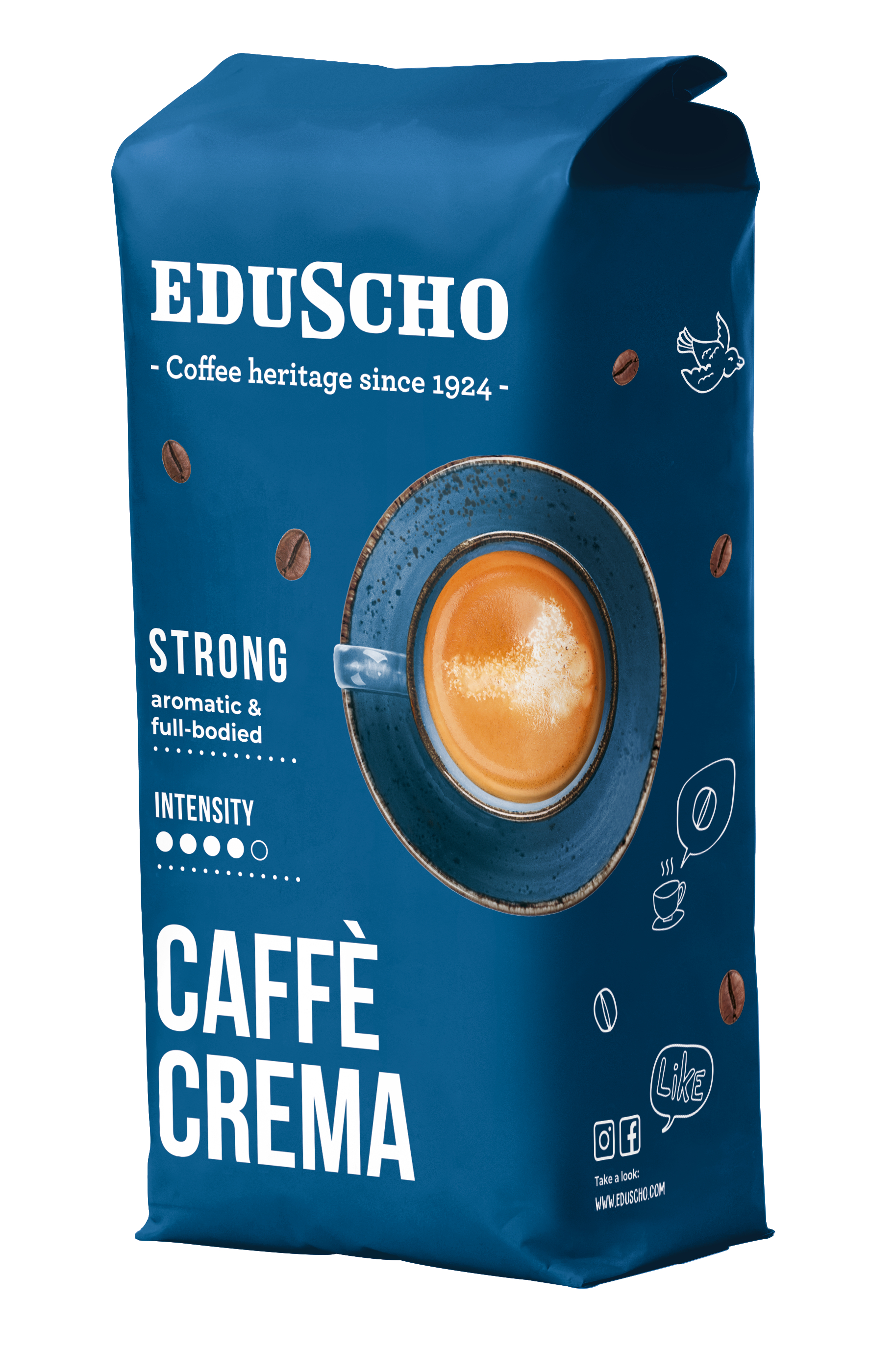 Torba na kawę z tekstem i wzorem na niebieskim tle.