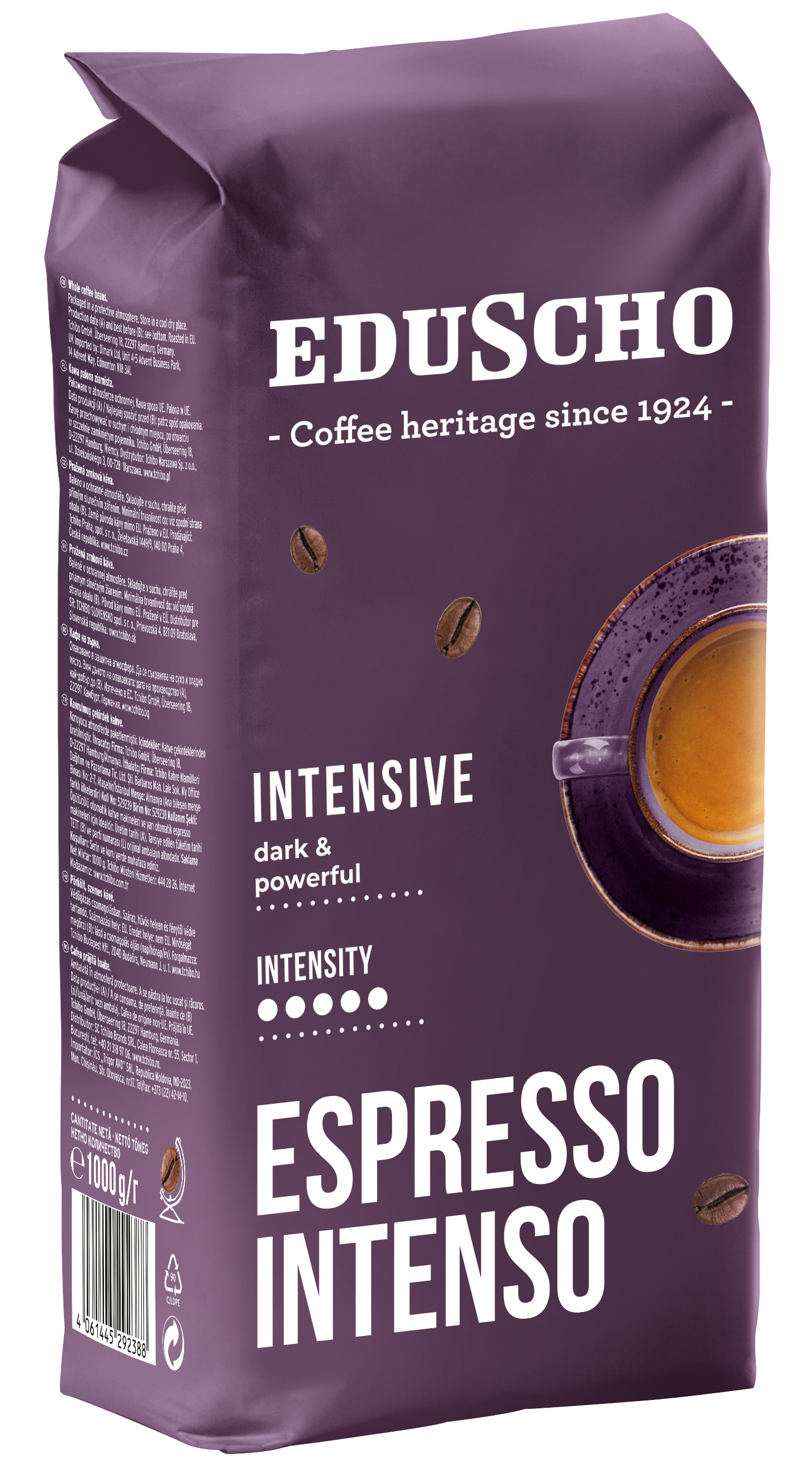 Fioletowa torba z kawą z logo 'EDUSCHO' i tekstem, 'Espresso Intenso', oraz ziarnami kawy.