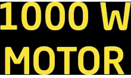 Nagy sárga szöveg, amely azt mondja, hogy '1000 W MOTOR' fekete háttéren.