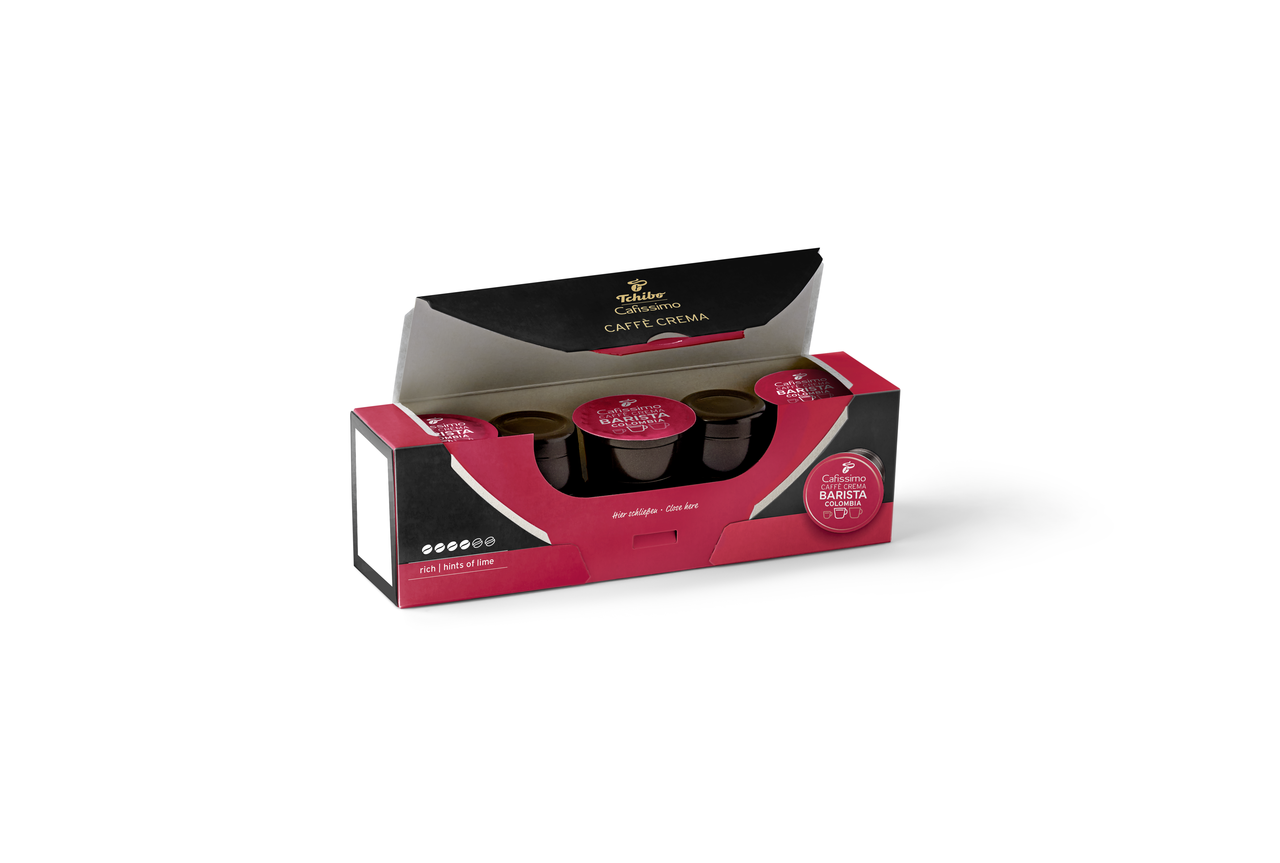 Pudełko kapsułek do kawy z widoczną nazwą marki i logo.