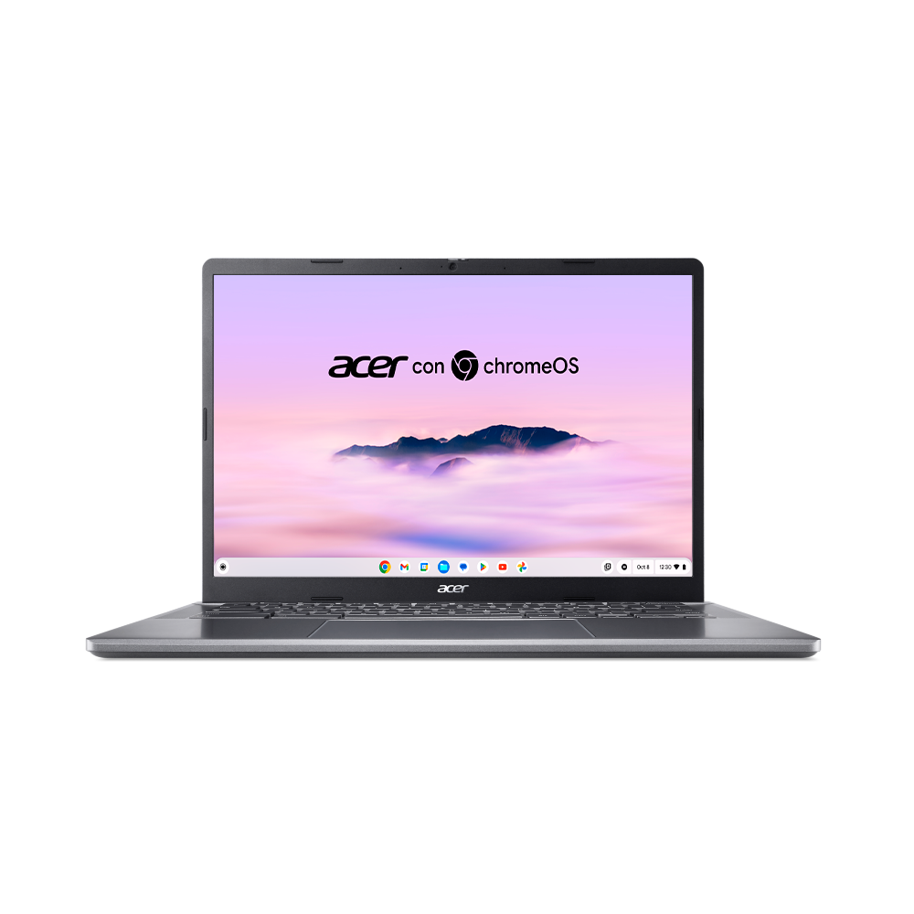 Una laptop Acer Chromebook plateada, abierta, mostrando una escena de naturaleza con el logo de ChromeOS.