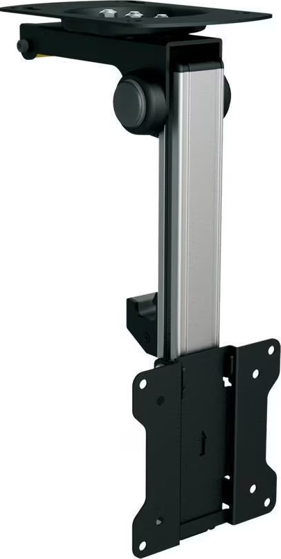 Eine schwarze TV-Halterung, die von der Decke hängt. Sie hat einen verstellbaren Arm und eine Halterung.
