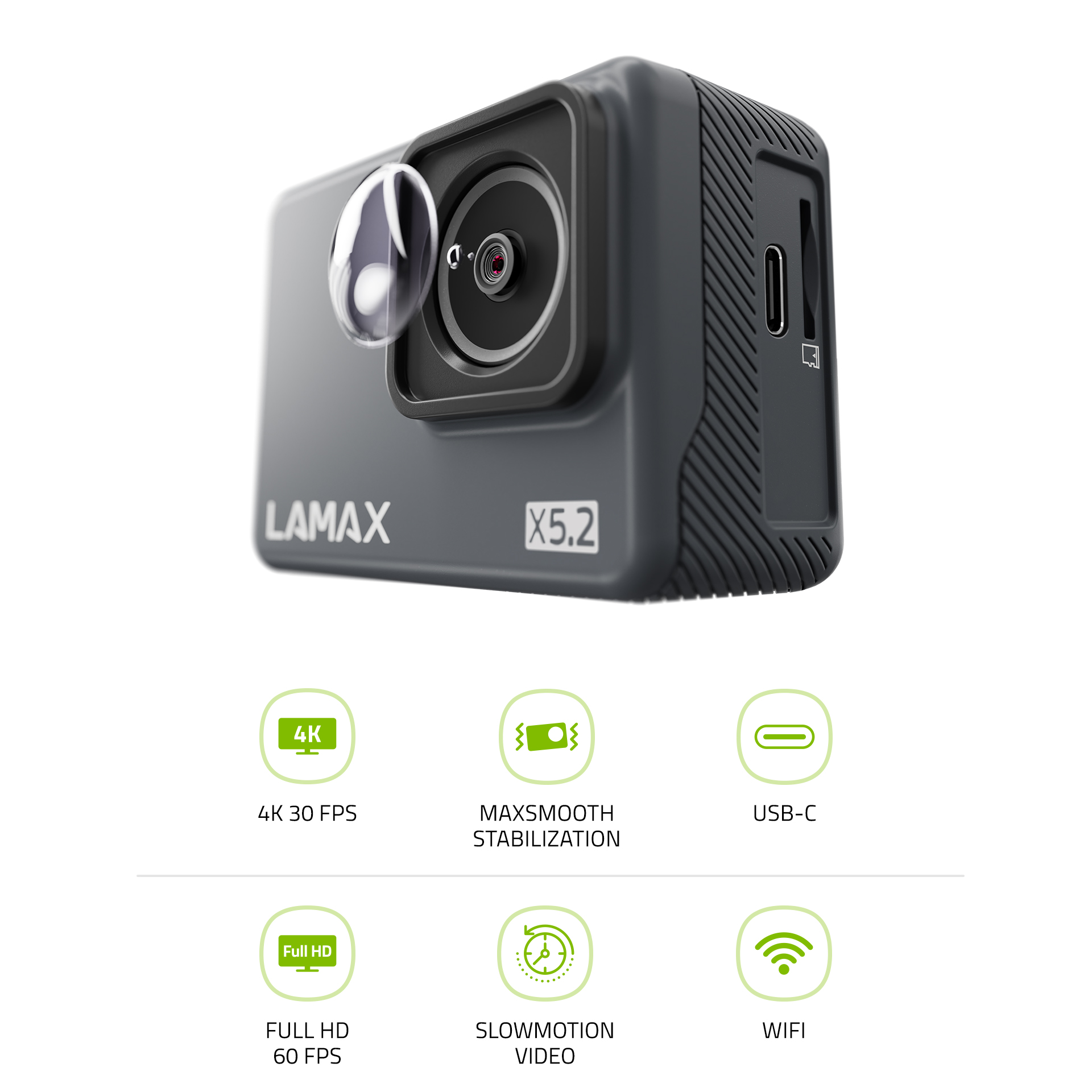 Egy LAMAX X5.2 akciókamera 4K, stabilizálás, USB-C és WiFi ikonokkal.