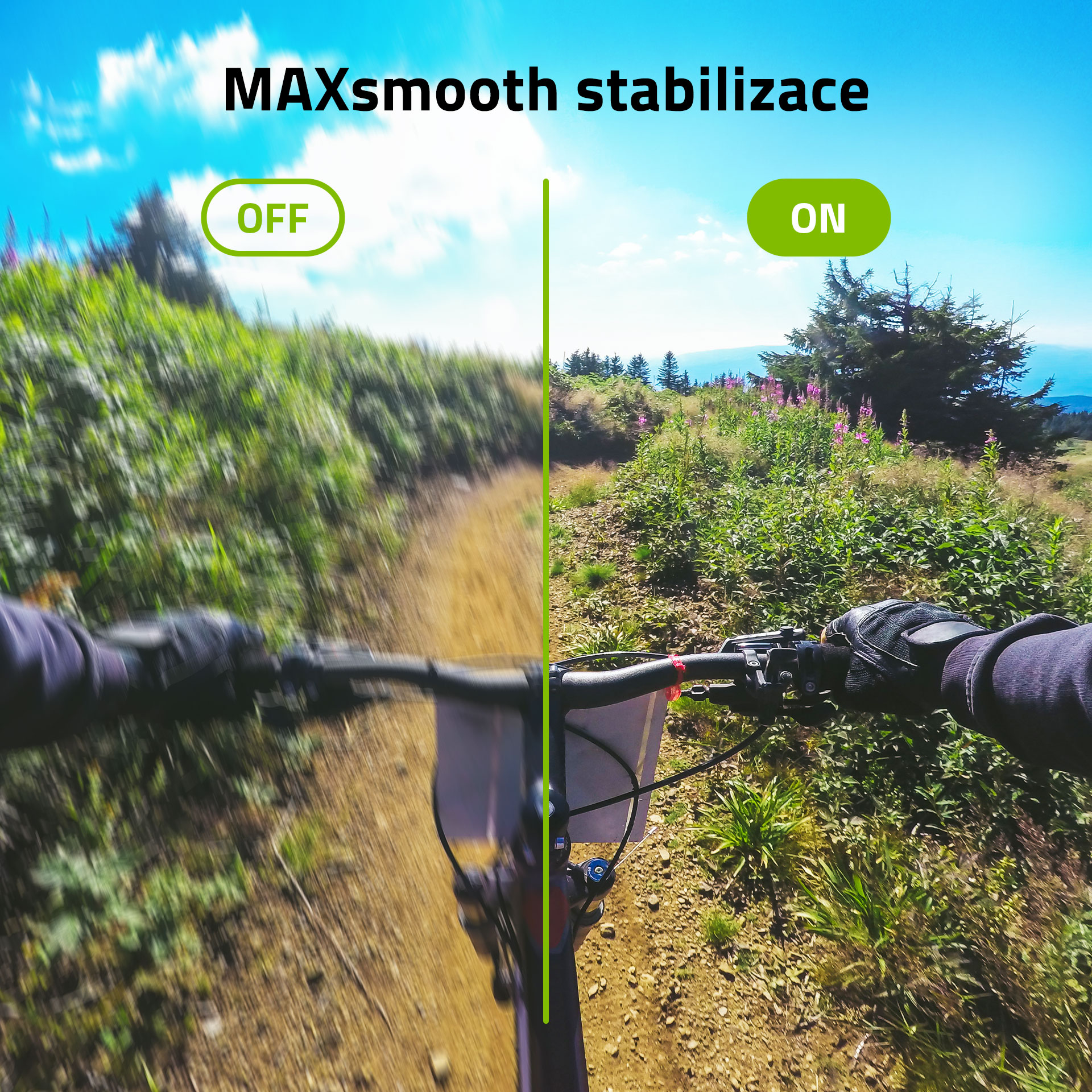 Hegyikerékpáros az ösvényen. MAXsmooth stabilizáció összehasonlítás: ki vs. be.