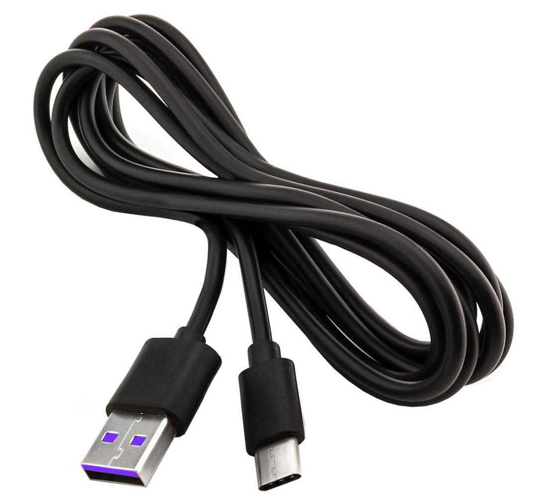 Fekete USB-USB-C kábel, feltekerve, a USB végén lila díszítéssel.