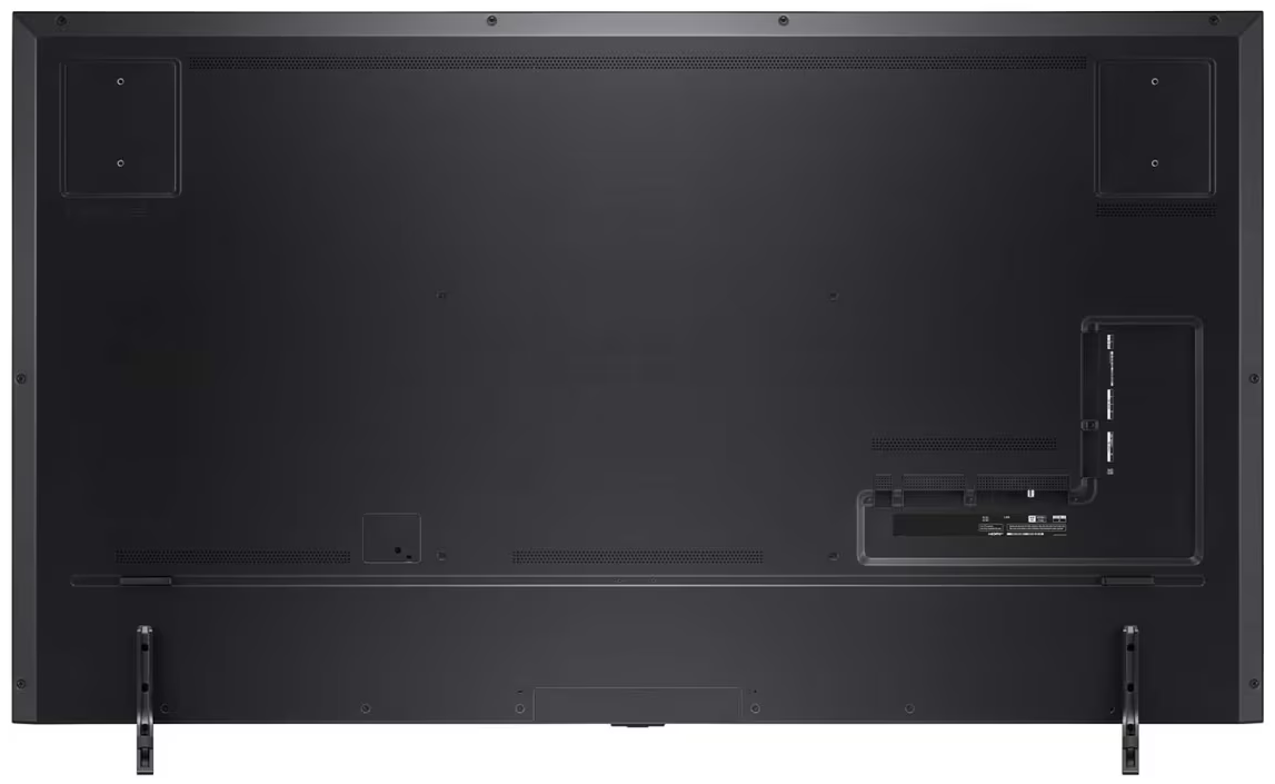 Tył czarnego telewizora z widocznymi różnymi portami, otworami wentylacyjnymi i uchwytami montażowymi.