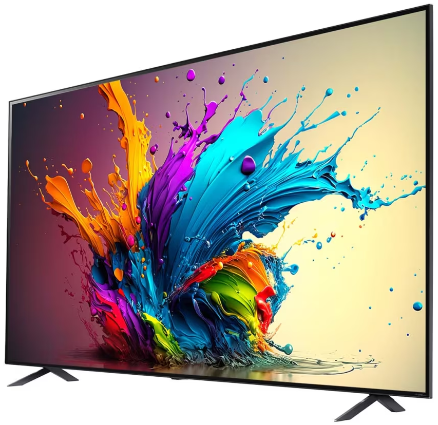 Ekran telewizora pokazujący kolorowe plamy farby, na podstawie, czarna ramka i nogi.