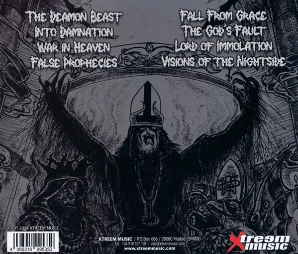 Albumcover mit dunkler Grafik, Text und einer Figur mit Bischofshut.