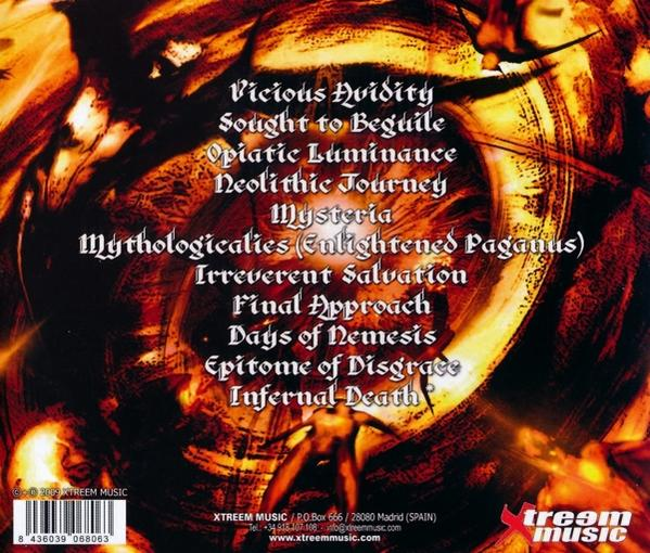 Albumcover mit Text auf feurigem Hintergrund. Titel sind "Vicious Humidity" und "Infernal Death".