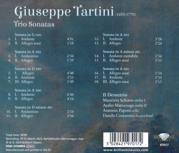 CD-Rückseite mit Giuseppe Tartinis Triosonaten, Trackliste und Besetzung.