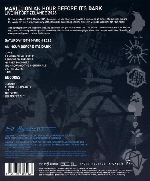 Rückseite eines Marillion-Albums mit Titelliste und Veranstaltungsdetails, dunkles Blau und Weiß.