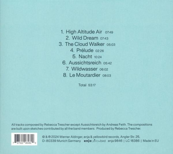 Blau-grünes Albumcover mit Trackliste, Credits und Copyright-Informationen.